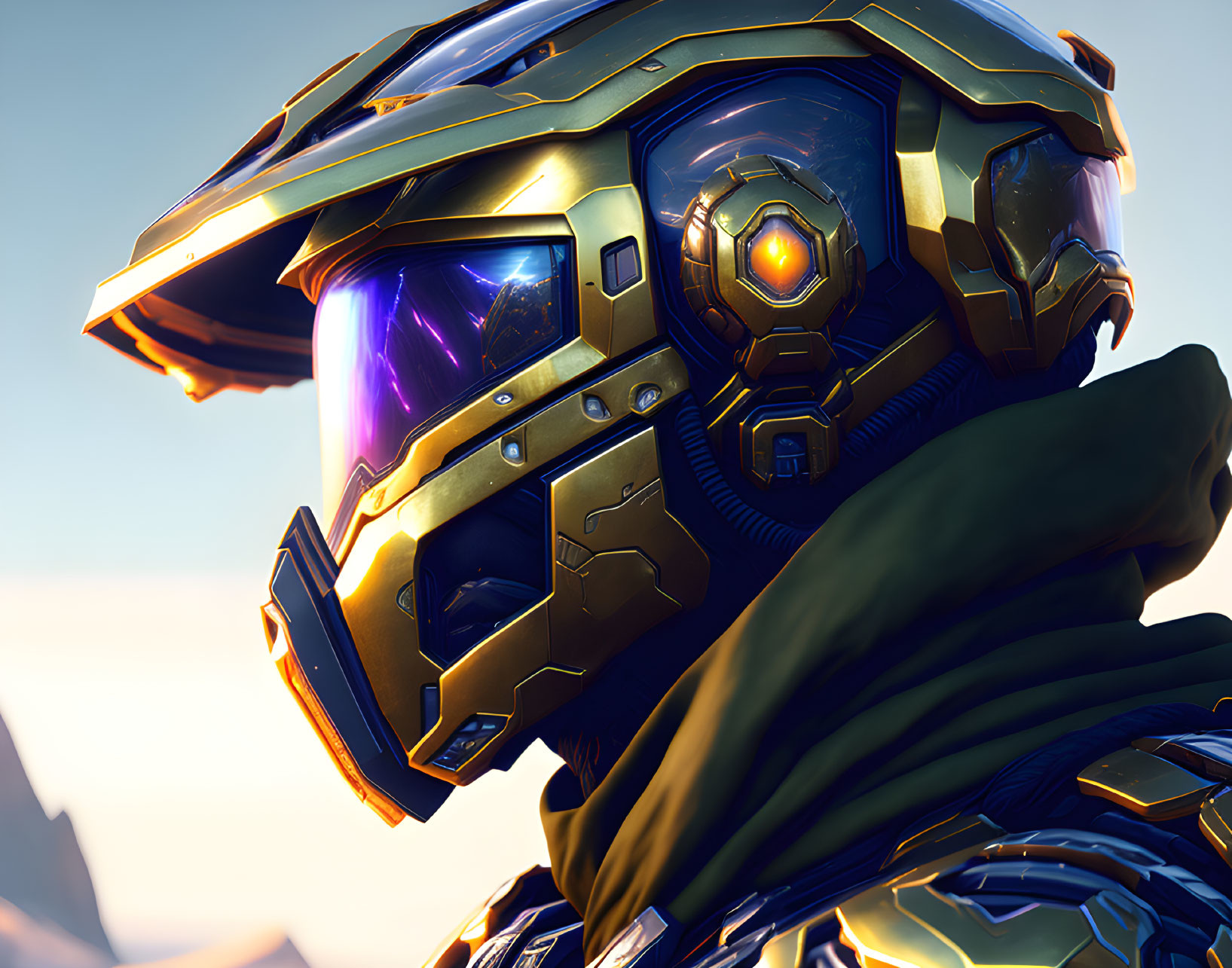 Futuristic soldier in golden helmet with purple visor on soft-focus background