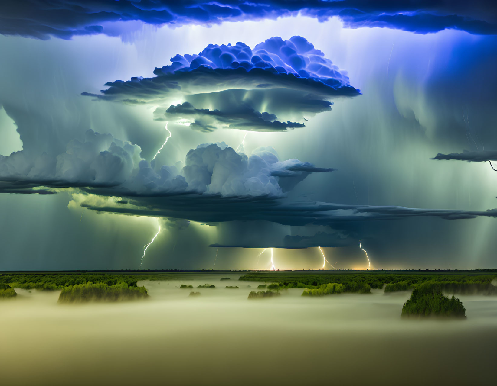 Dramatic storm scene with lightning strikes and dark thunderclouds