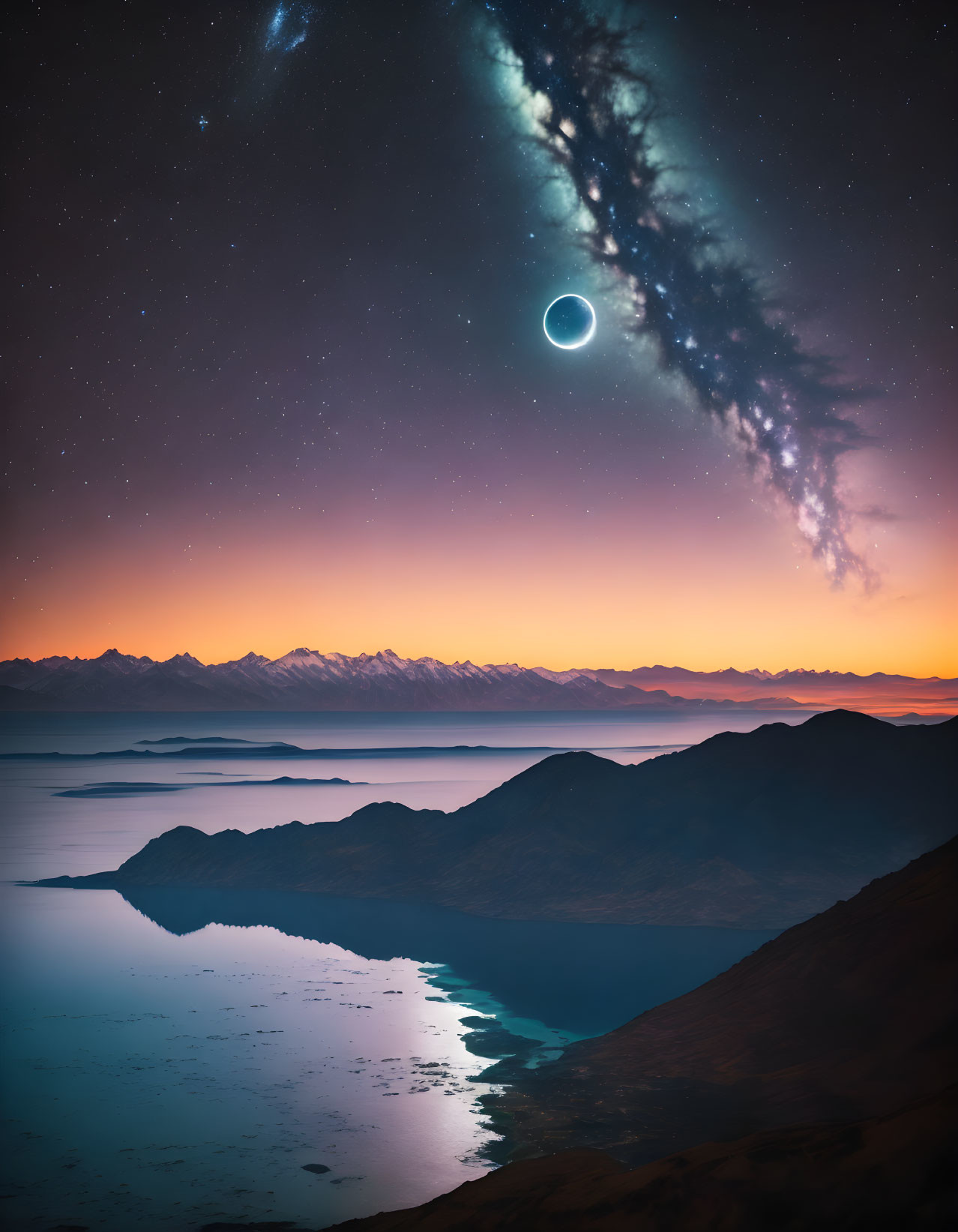 Twilight Solar Eclipse & Milky Way Over Mountain Lake