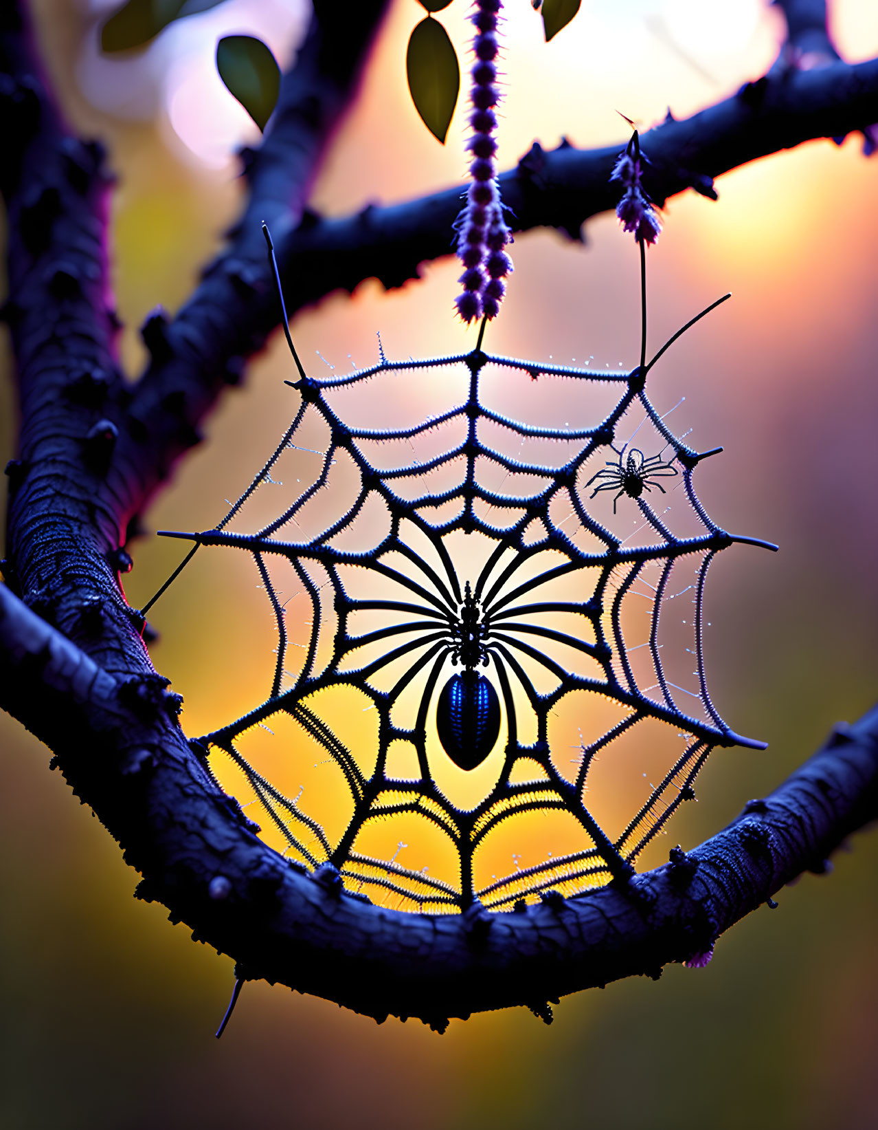 Intricate spider web on thorny branches at sunset