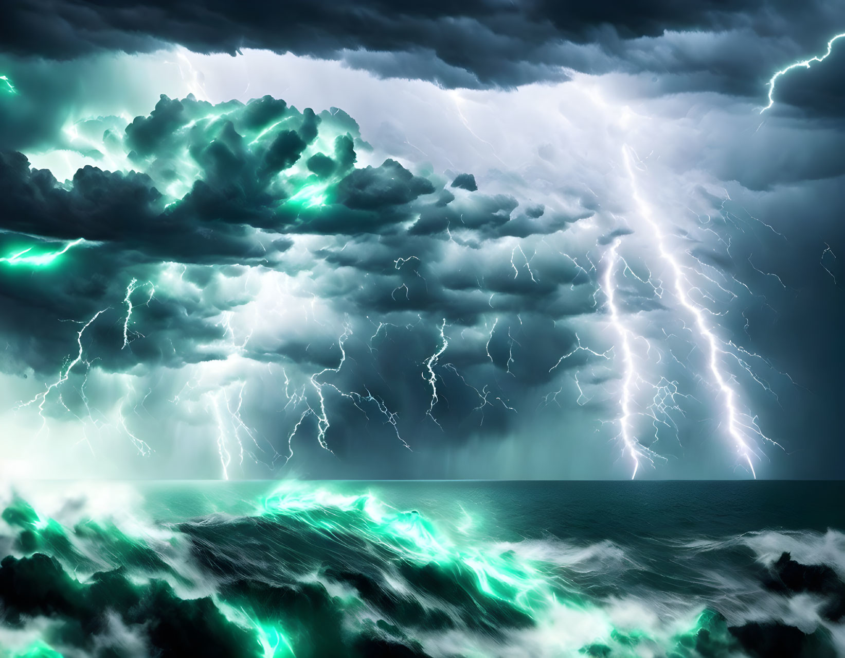 Luminous green waves in fierce lightning storm