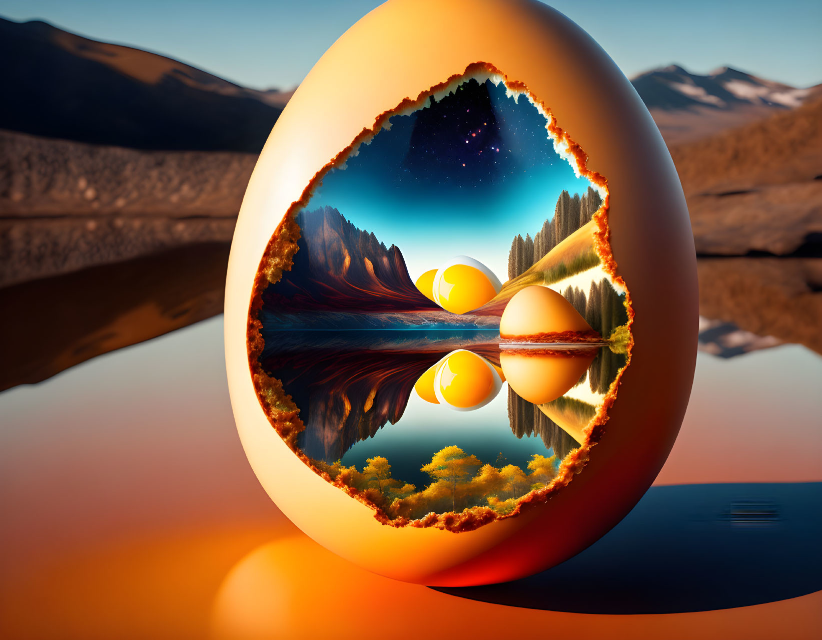 Cracked egg unveils surreal landscape with mountains and starry sky