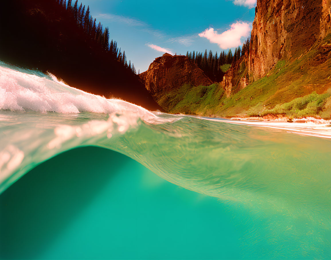 Scenic ocean wave cresting against sunny beach and cliffs