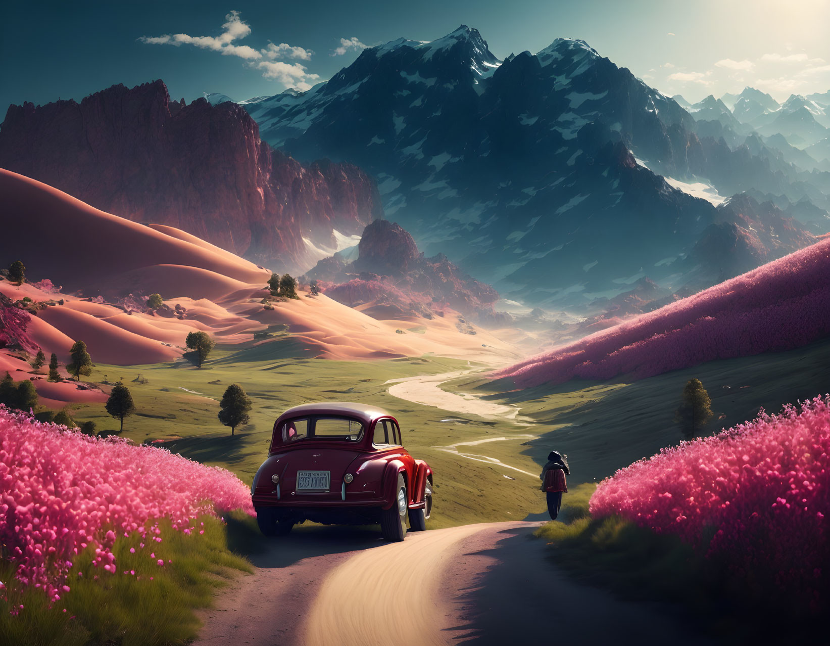 Vintage Red Car Parked by Winding Road with Person Walking Amid Pink Flowers and Majestic Mountains