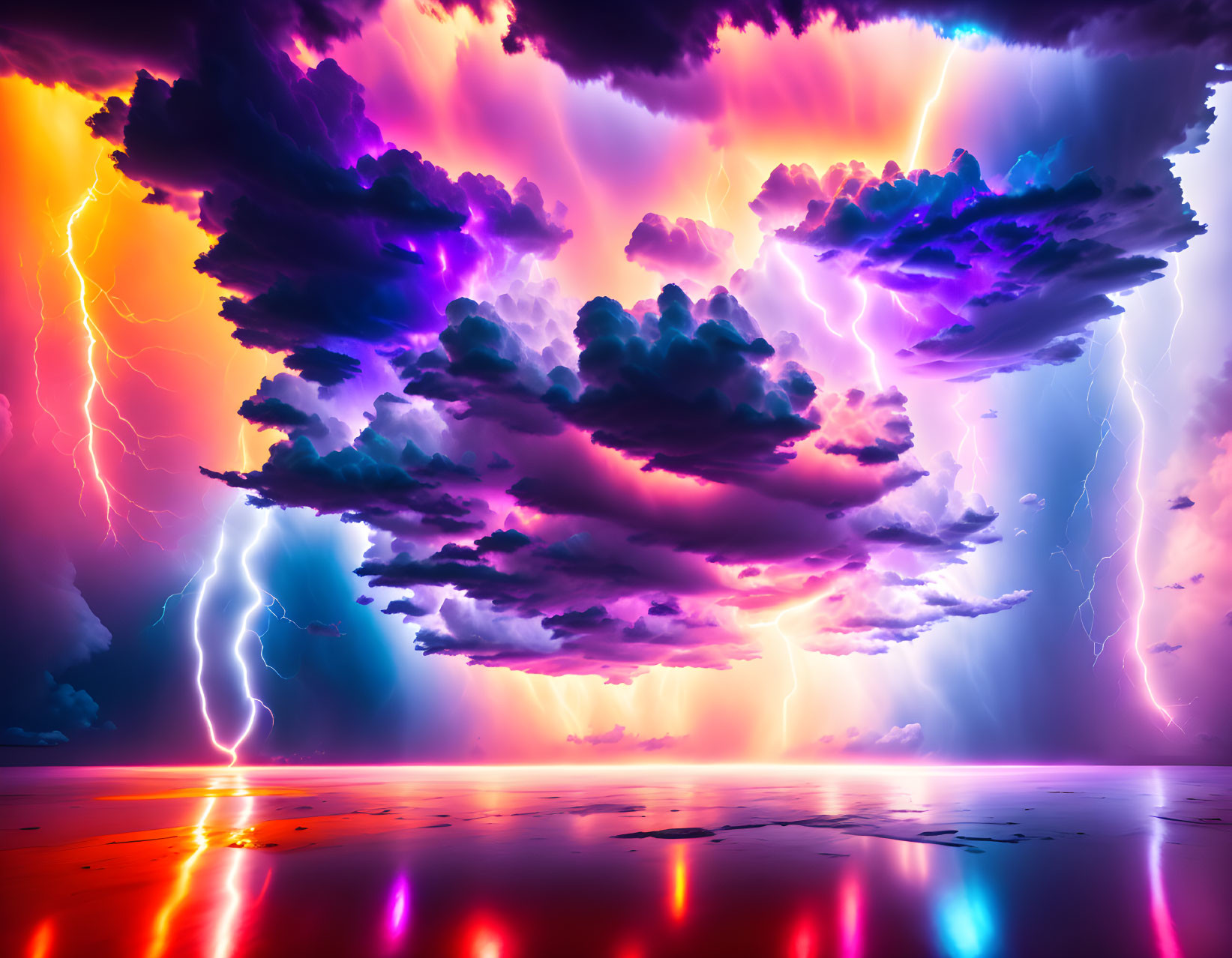 Colorful Thunderstorm with Lightning Reflections on Glossy Surface