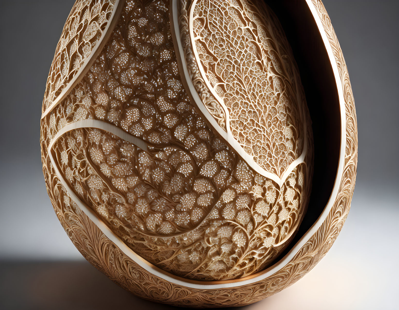 Detailed Hollow Wooden Sphere with Lace-like Patterns on Gradient Background