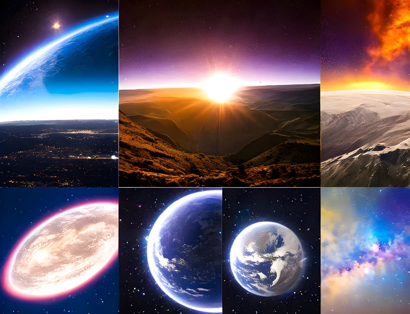 Collage of Space and Celestial Body Images: Earth, Sunrise, and Cosmic Views