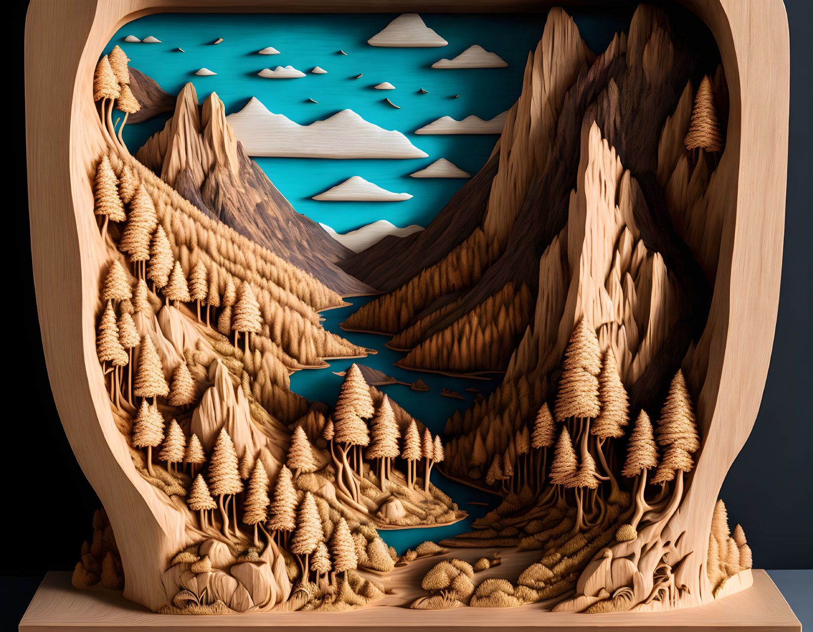 Intricate Wooden Art: Mountain Landscape with Trees, River, and Clouds