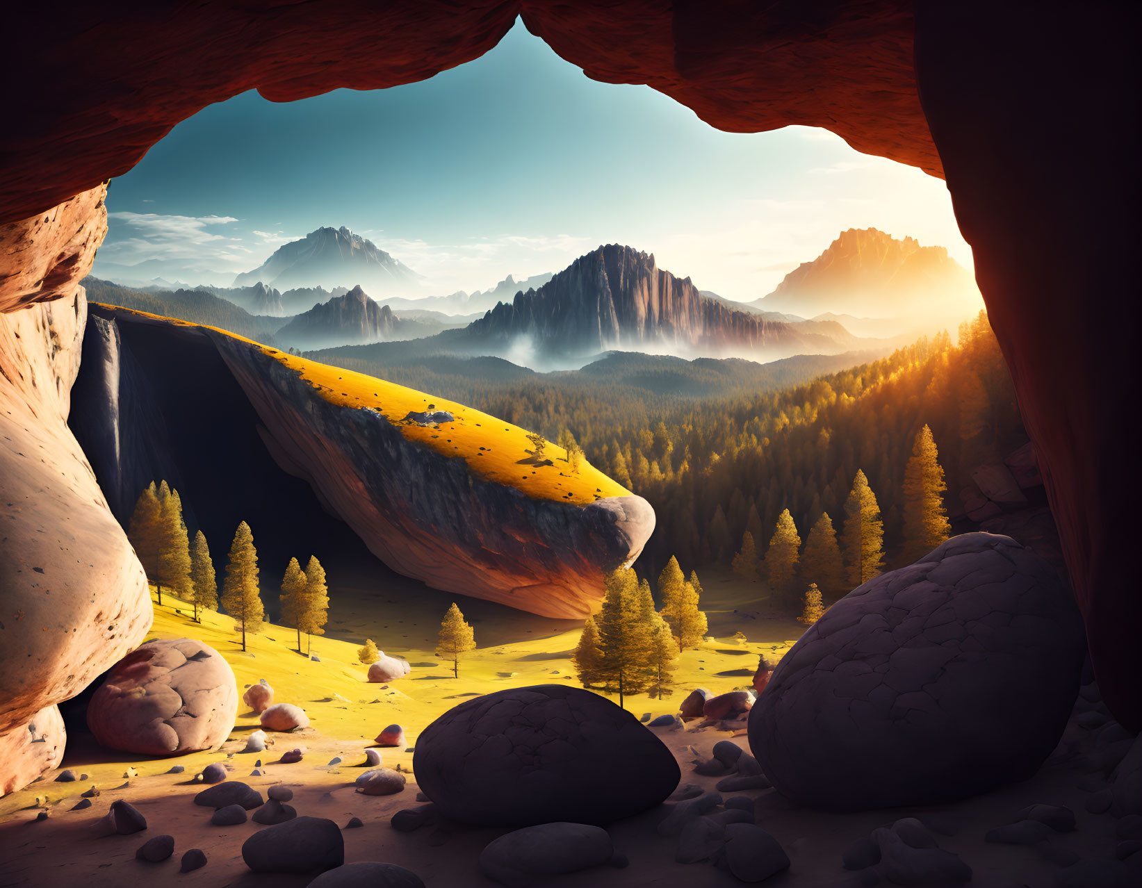 Scenic mountain vista from cave with sunlit forest and rocky terrain