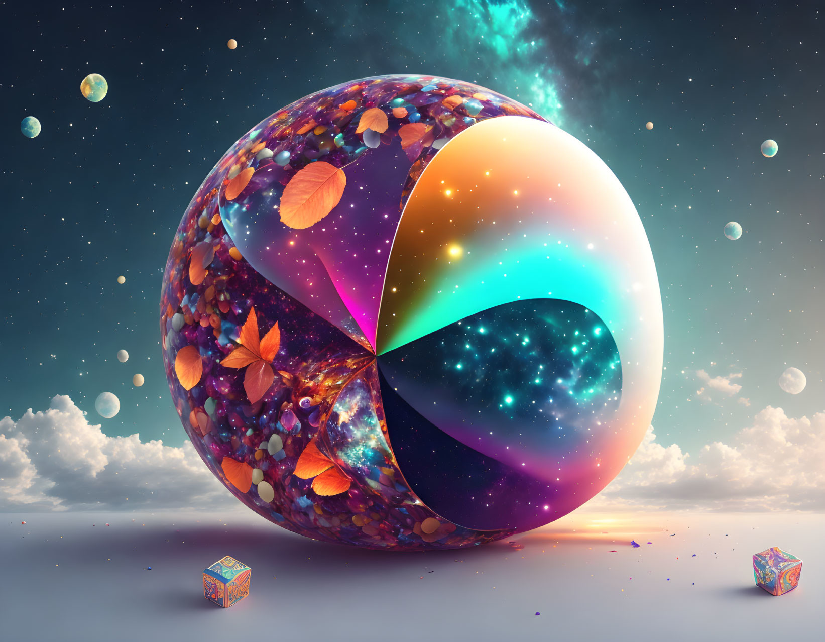 Colorful cosmic sphere with swirling patterns and leaves in starry sky