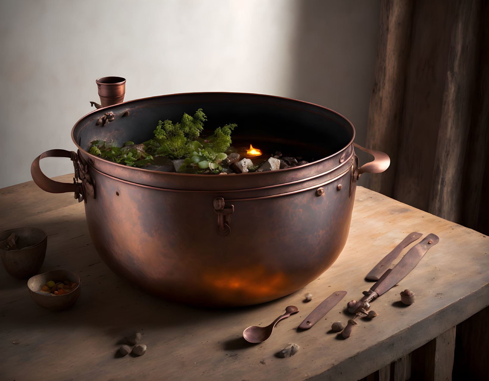 Rustic copper pot with candle, herbs, spices, and utensils on wooden table