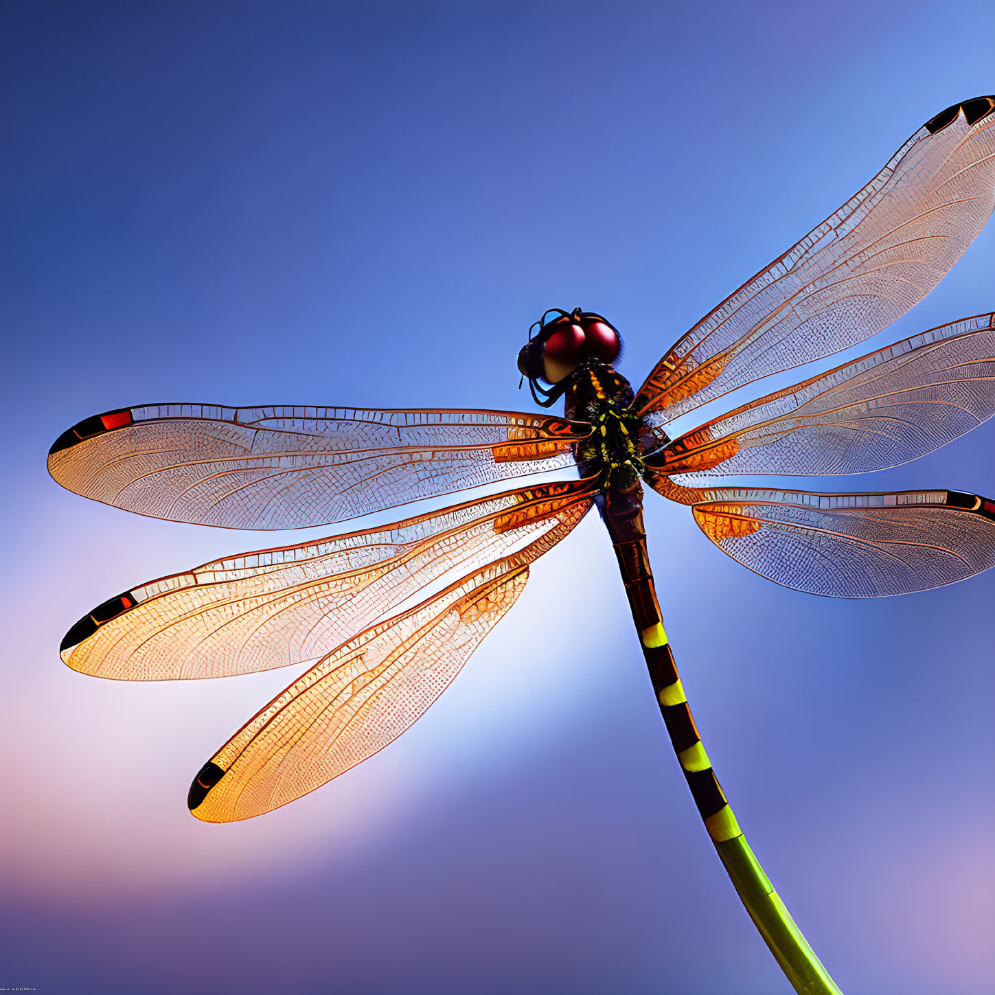 Red dragonfly on green stem with spread wings against blue sky