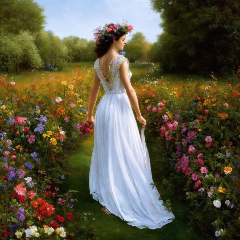 Woman in White Dress with Floral Wreath Strolling in Colorful Meadow