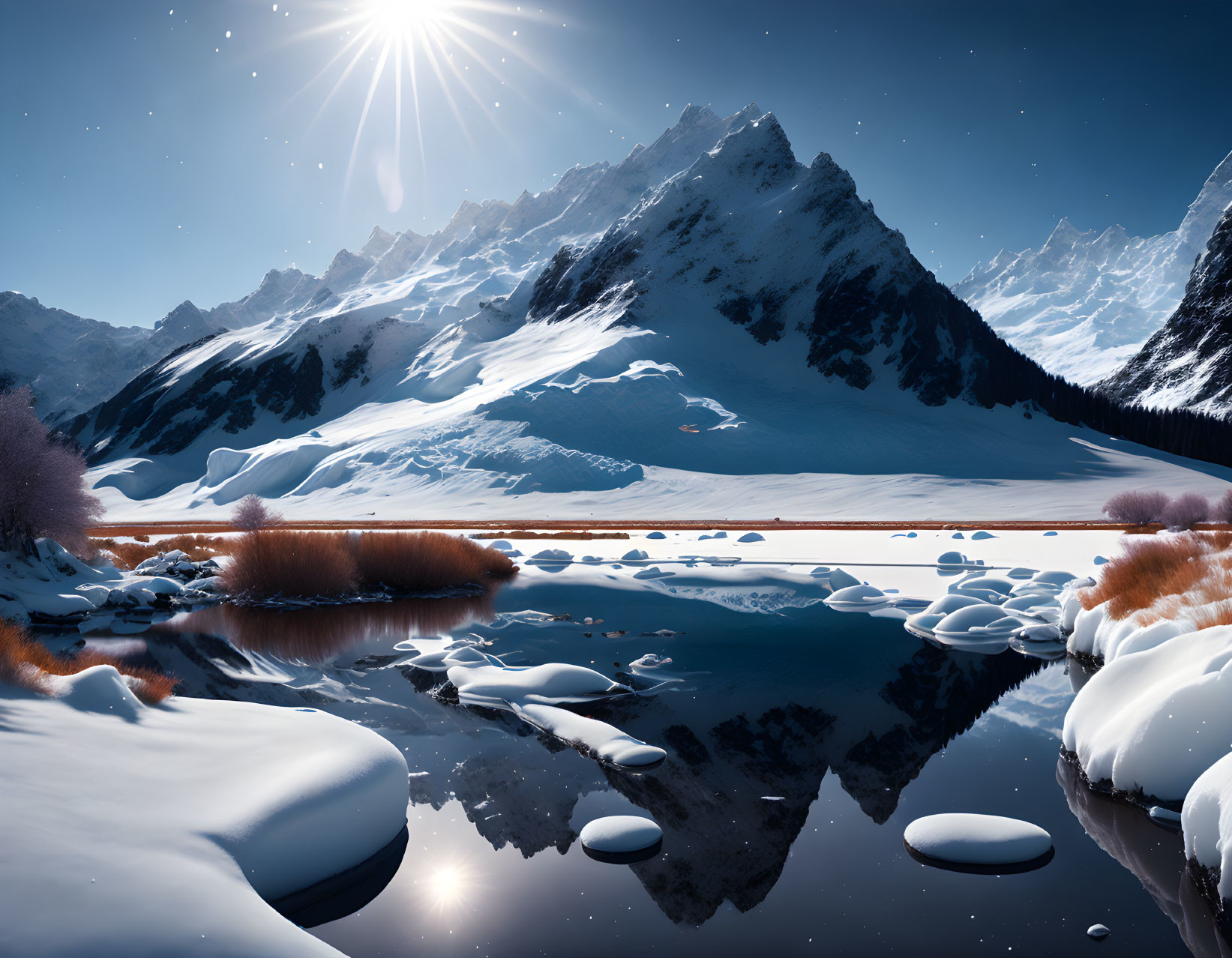 Snow-covered mountains and lake in serene winter landscape