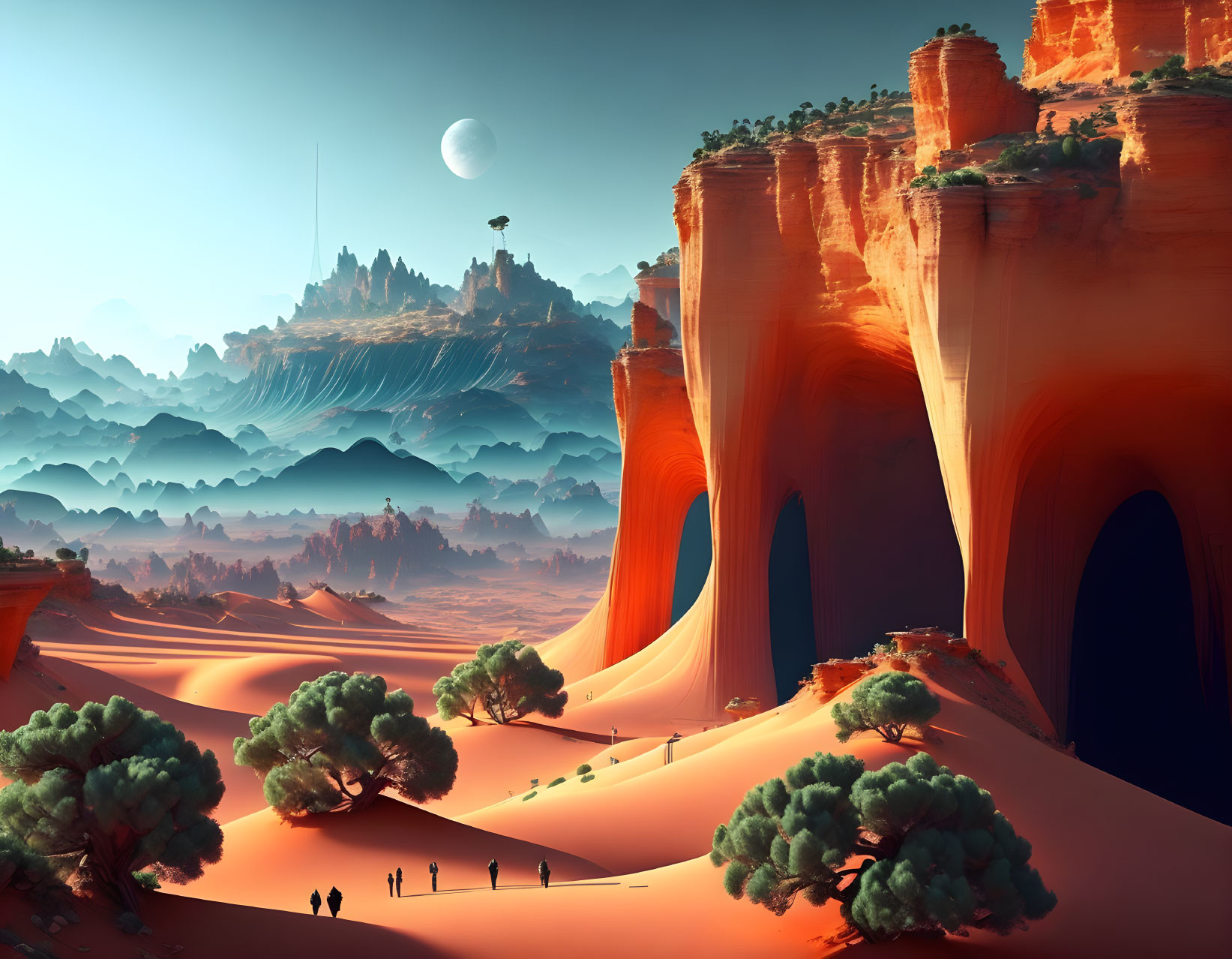 Surreal desert landscape with red cliffs, green trees, figures, misty layers, white moon