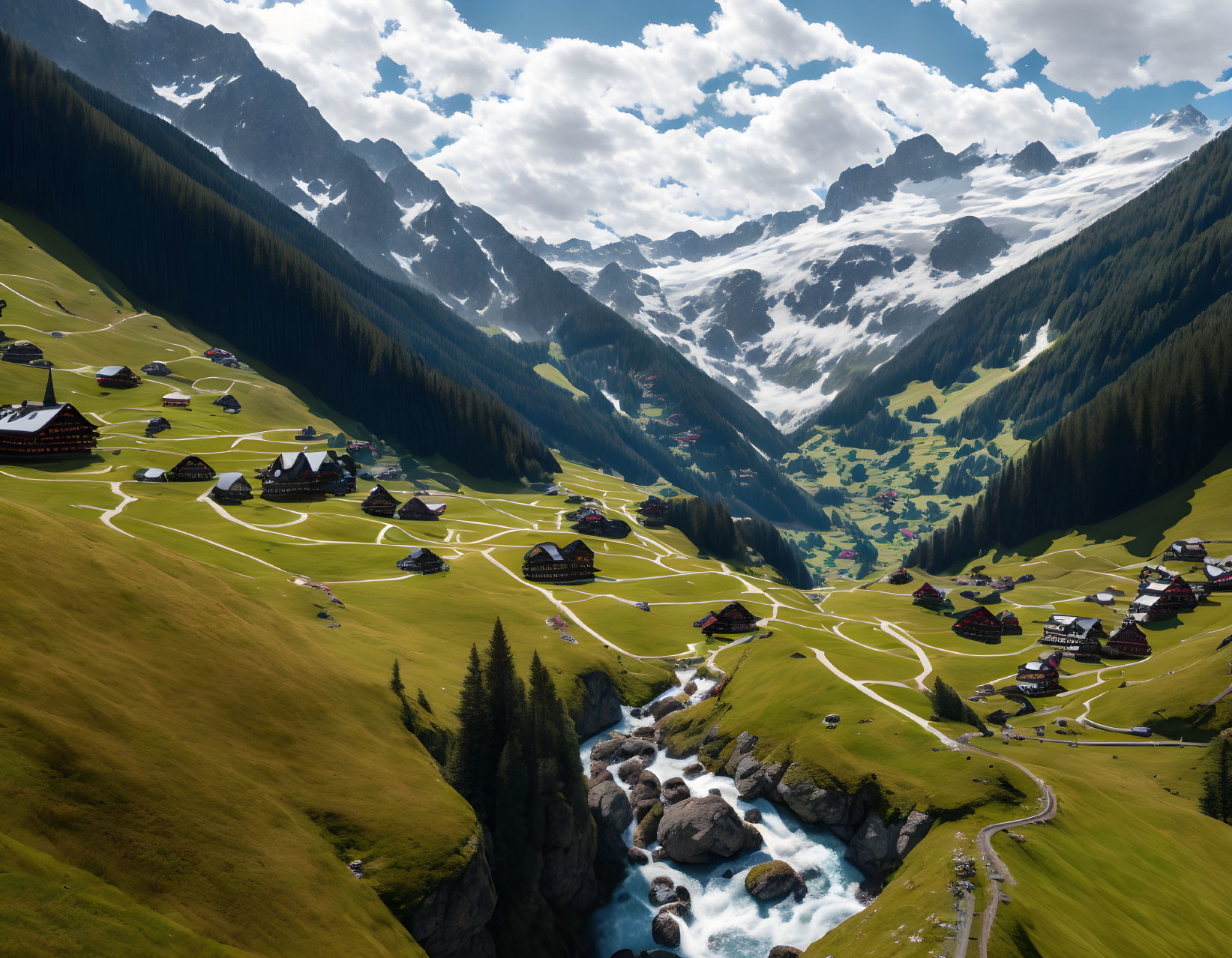 Scenic green valley with river, traditional houses, and snow-capped mountains