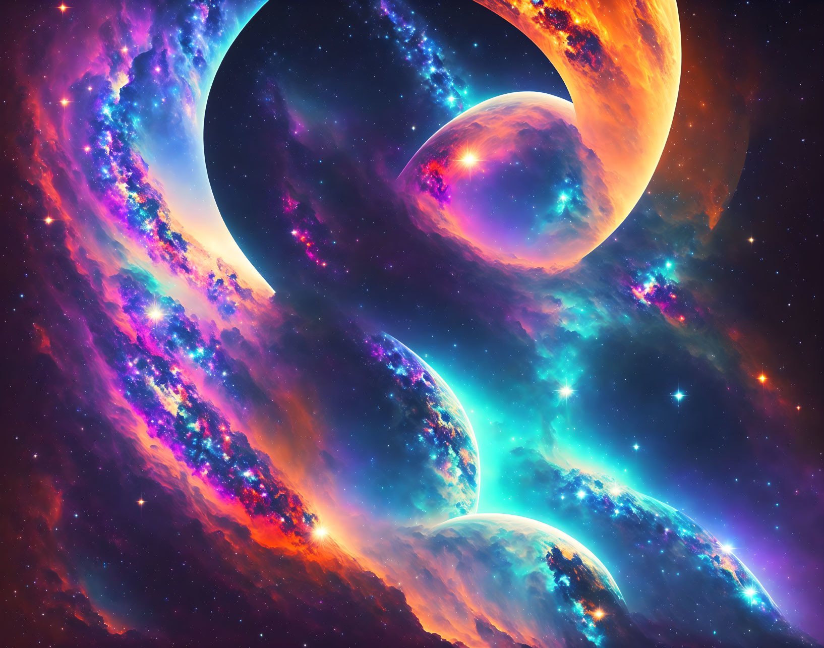 Colorful digital artwork of swirling celestial bodies against star-filled cosmic backdrop