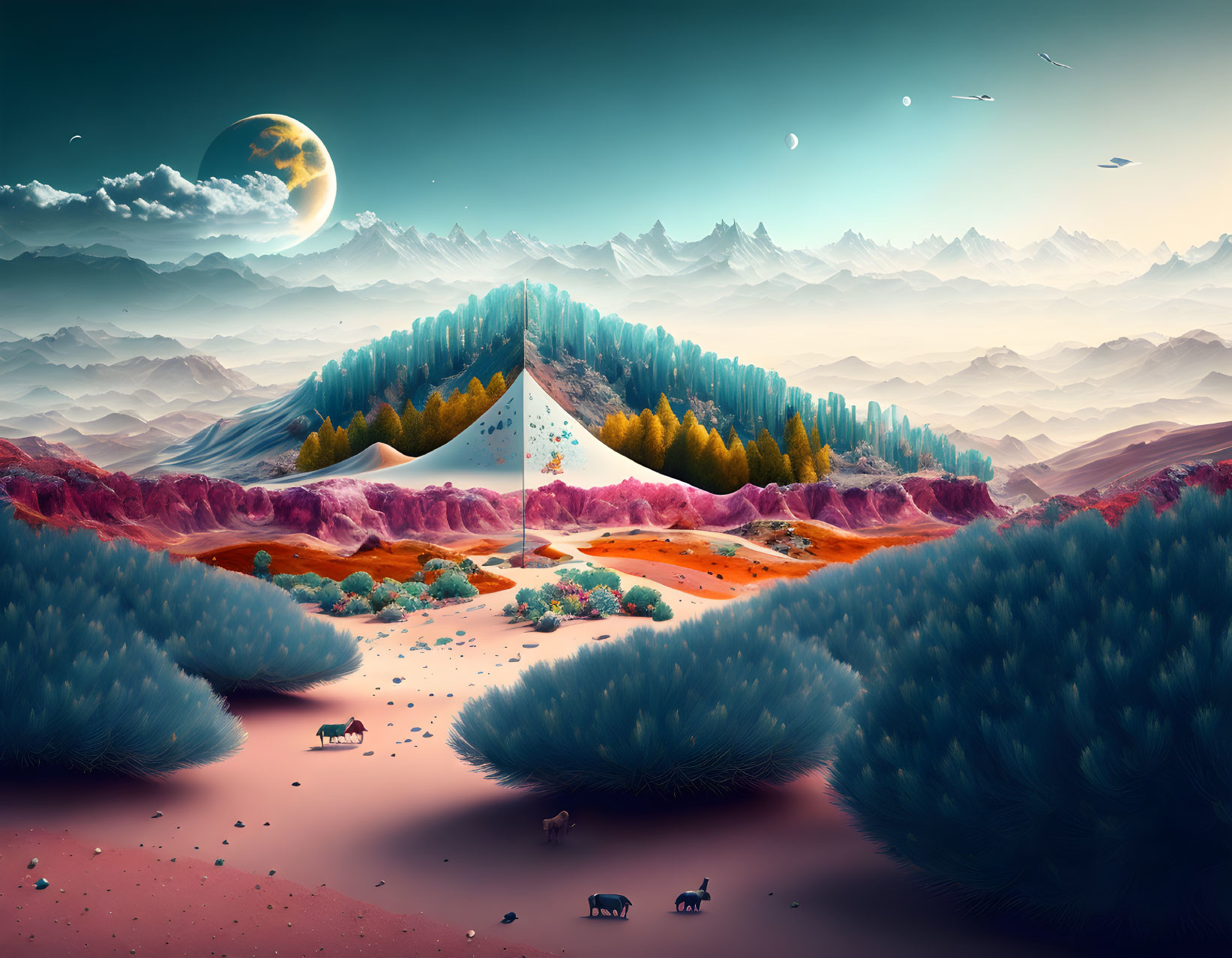 Vibrant surreal landscape with rolling hills, pine forest, grazing animals, and large moon