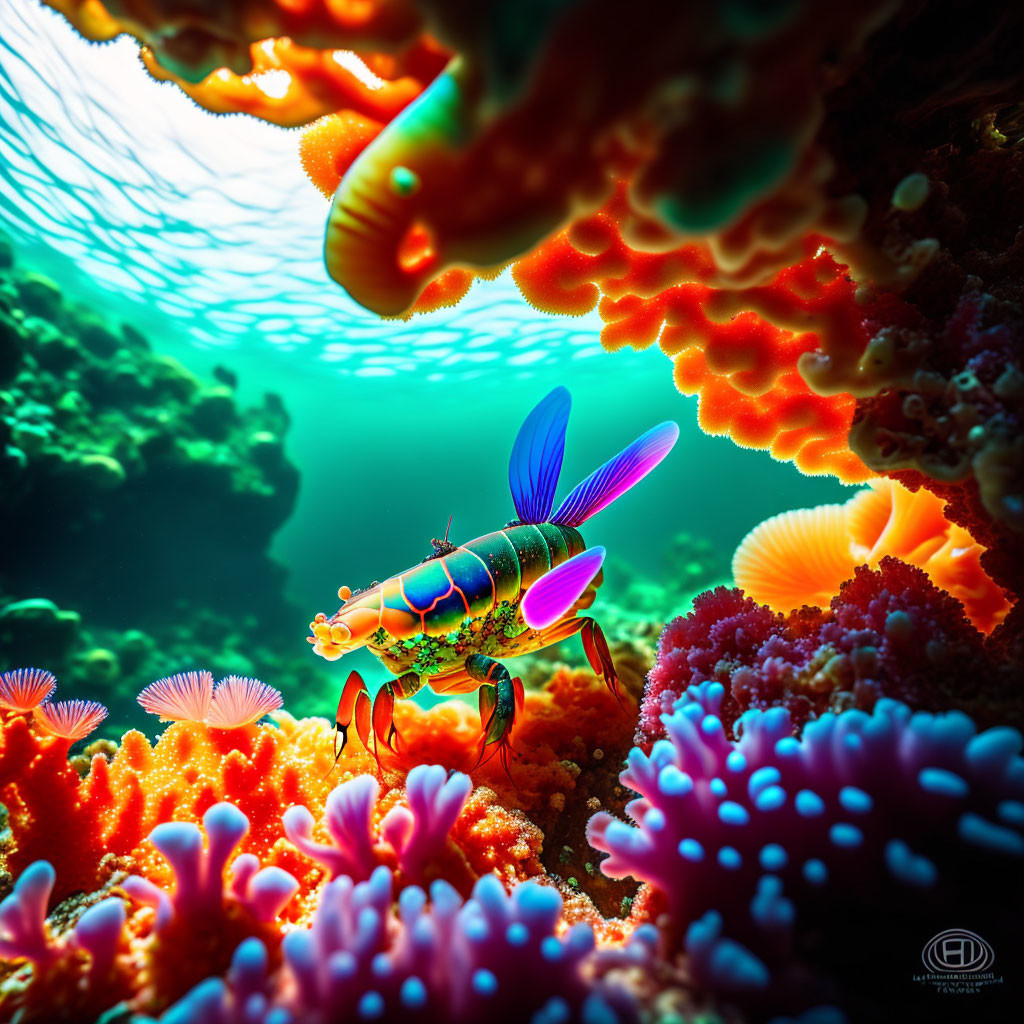 Colorful digital art of mechanical insect in underwater coral landscape