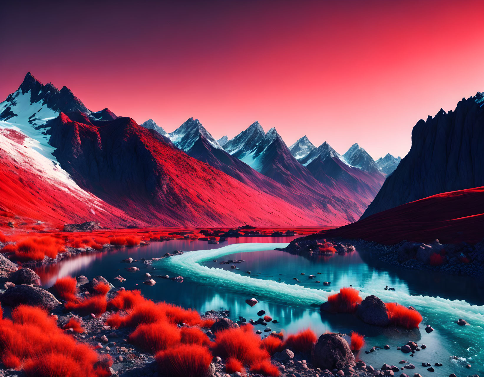 Vibrant Red and Pink Landscape with Turquoise River