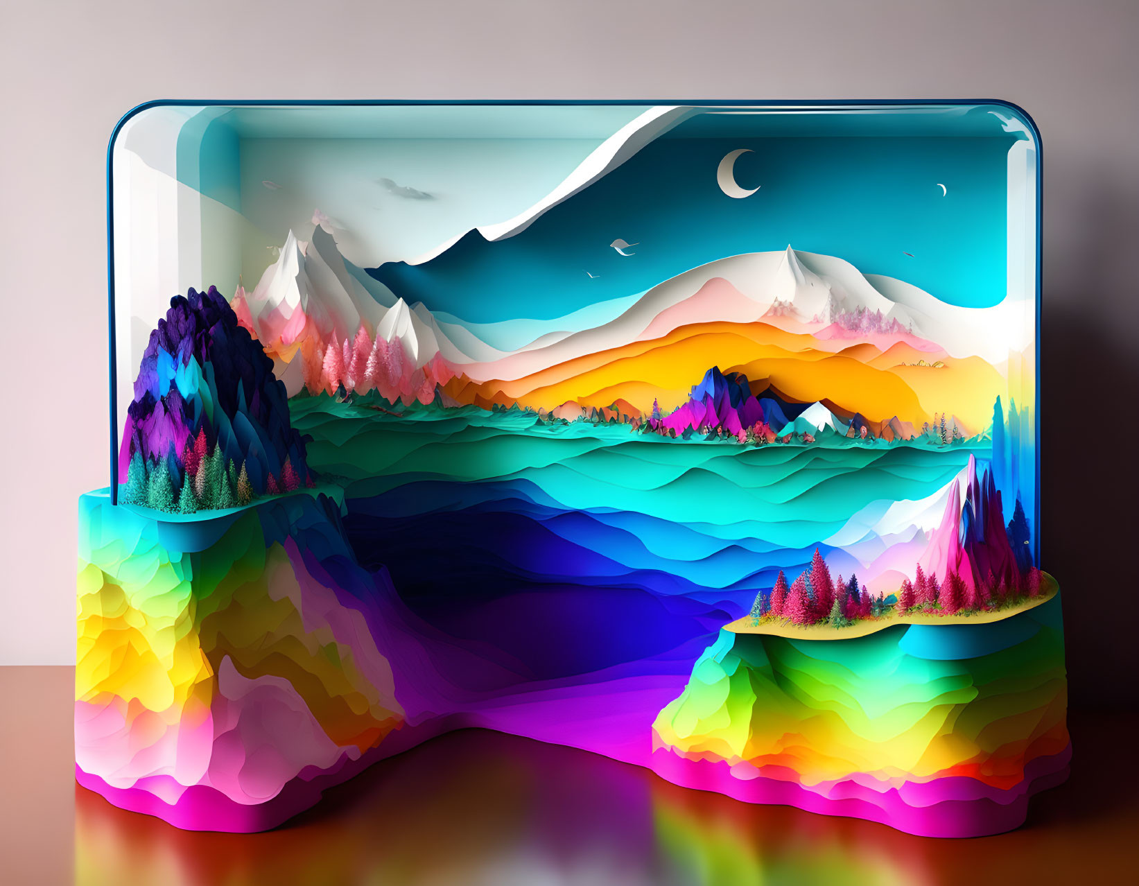 Colorful Digital Artwork: Layered Landscapes with Mountains, Trees, and Crescent Moon