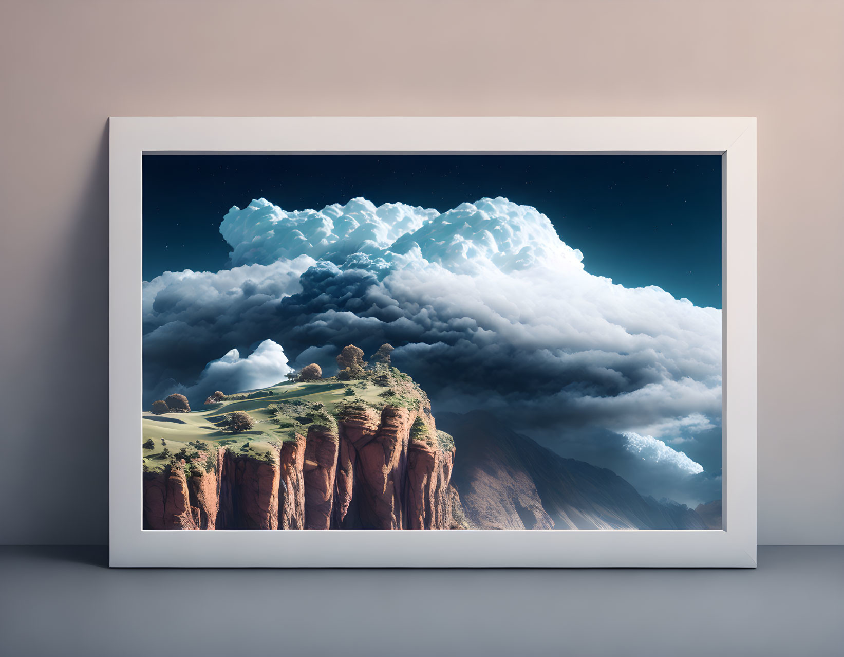 Surreal landscape with towering cliffs and lush greenery on wall