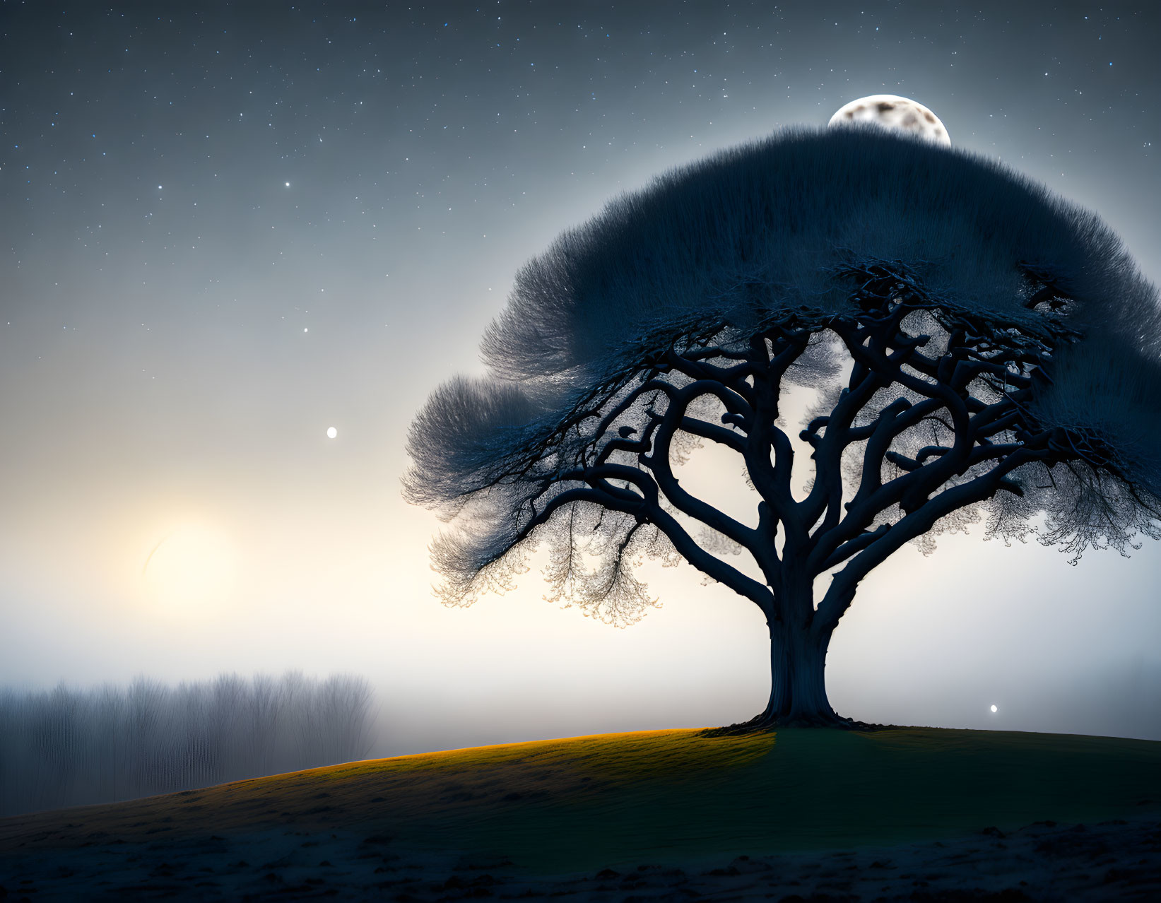 Solitary tree with dense foliage under starry sky and glowing moon on misty hill