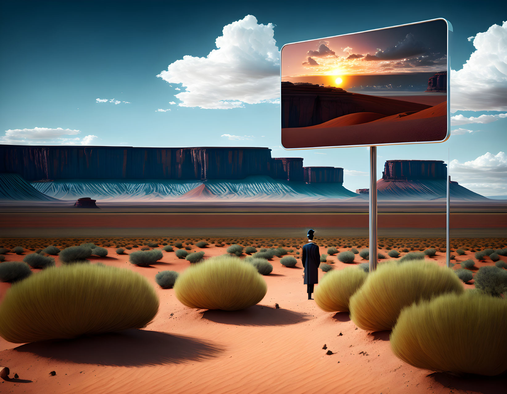 Surreal desert landscape with oversized bushes and reflective monoliths.