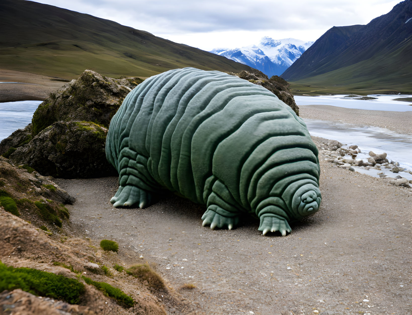 Giant tardigrade on pathway in mountainous landscape