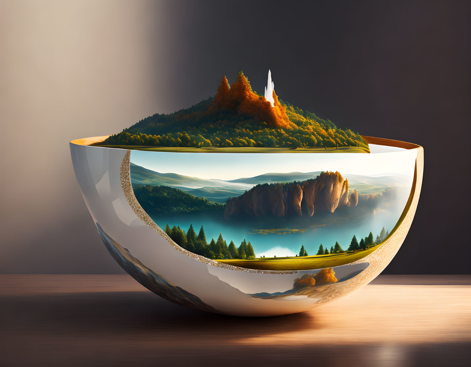 Surreal image of bowl with forest landscape and castle in autumn