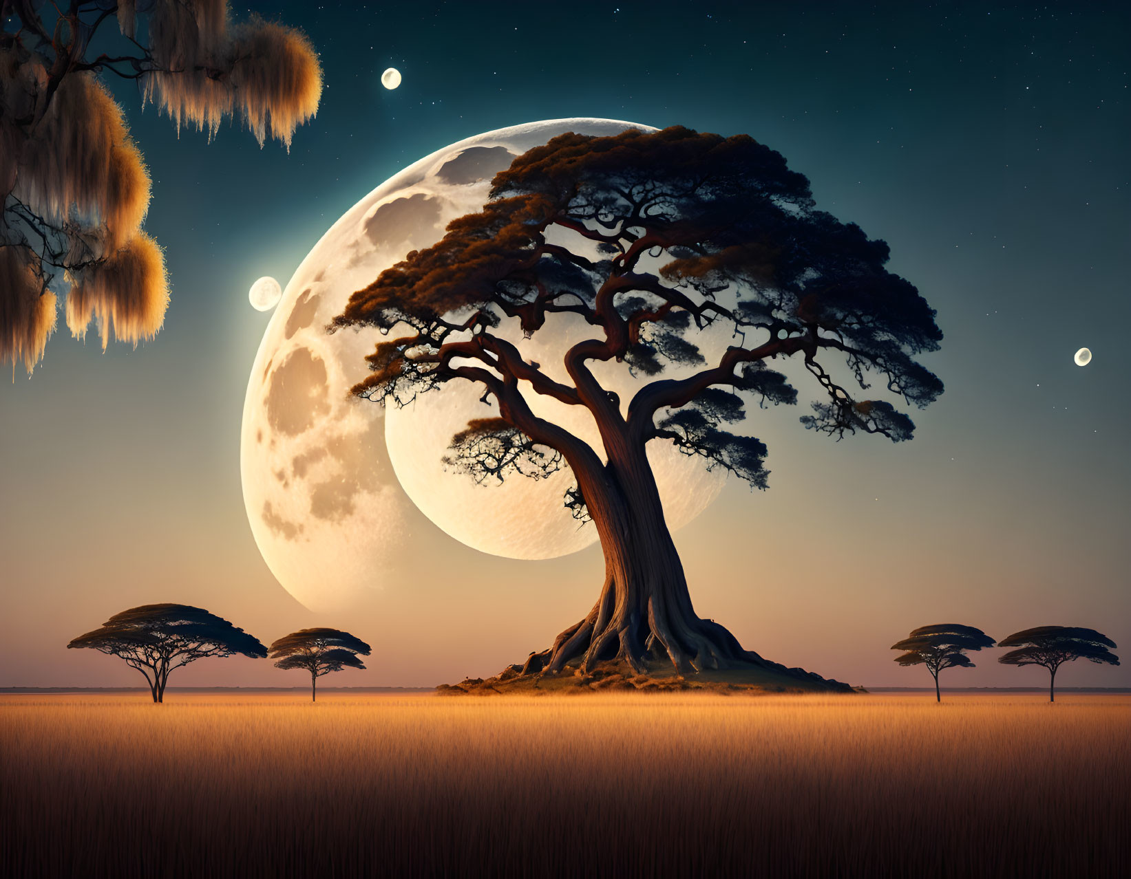 Savannah landscape with majestic tree and full moon