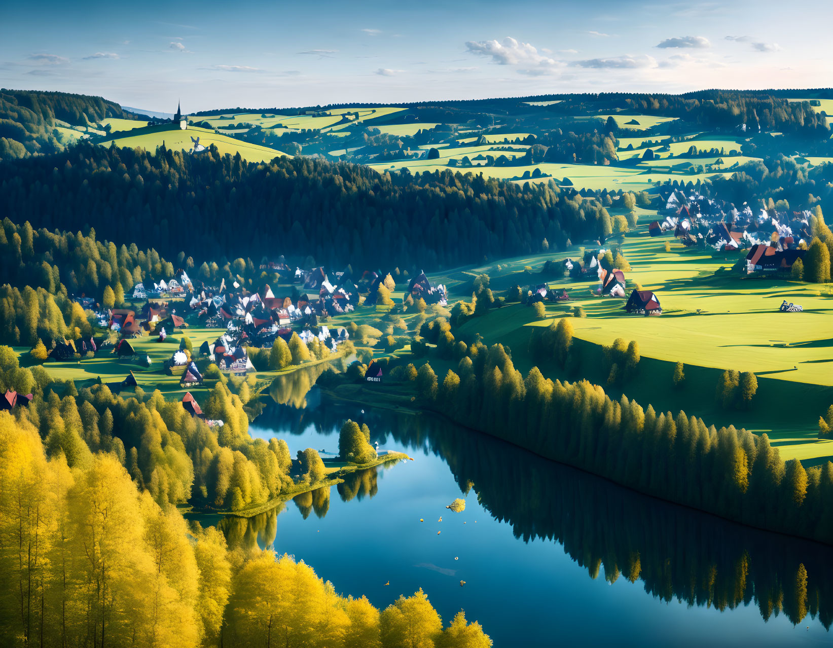 Scenic landscape with river, village, hills, forest, and blue sky