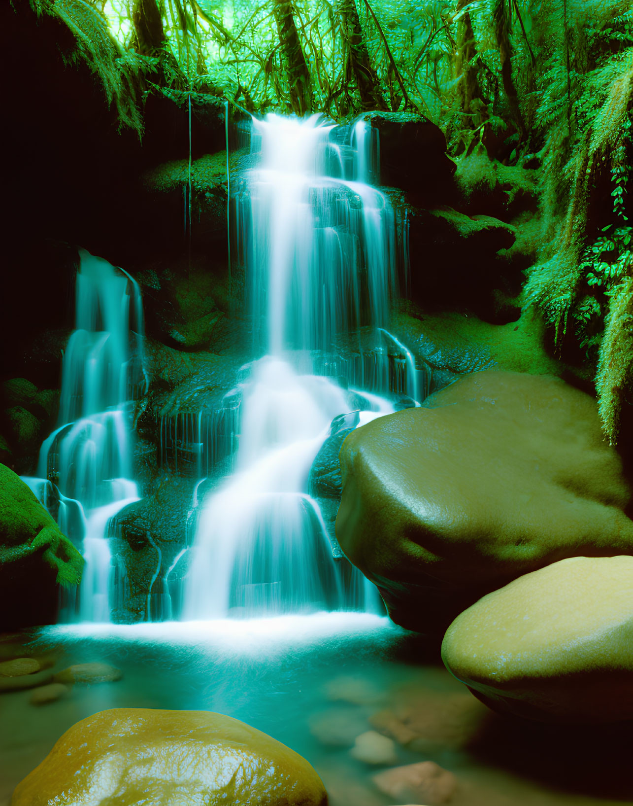 Ethereal waterfall in lush forest setting