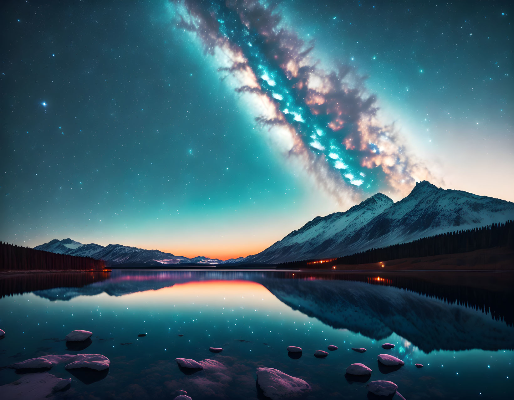 Serene mountain landscape with starry night sky and Milky Way reflected in calm lake