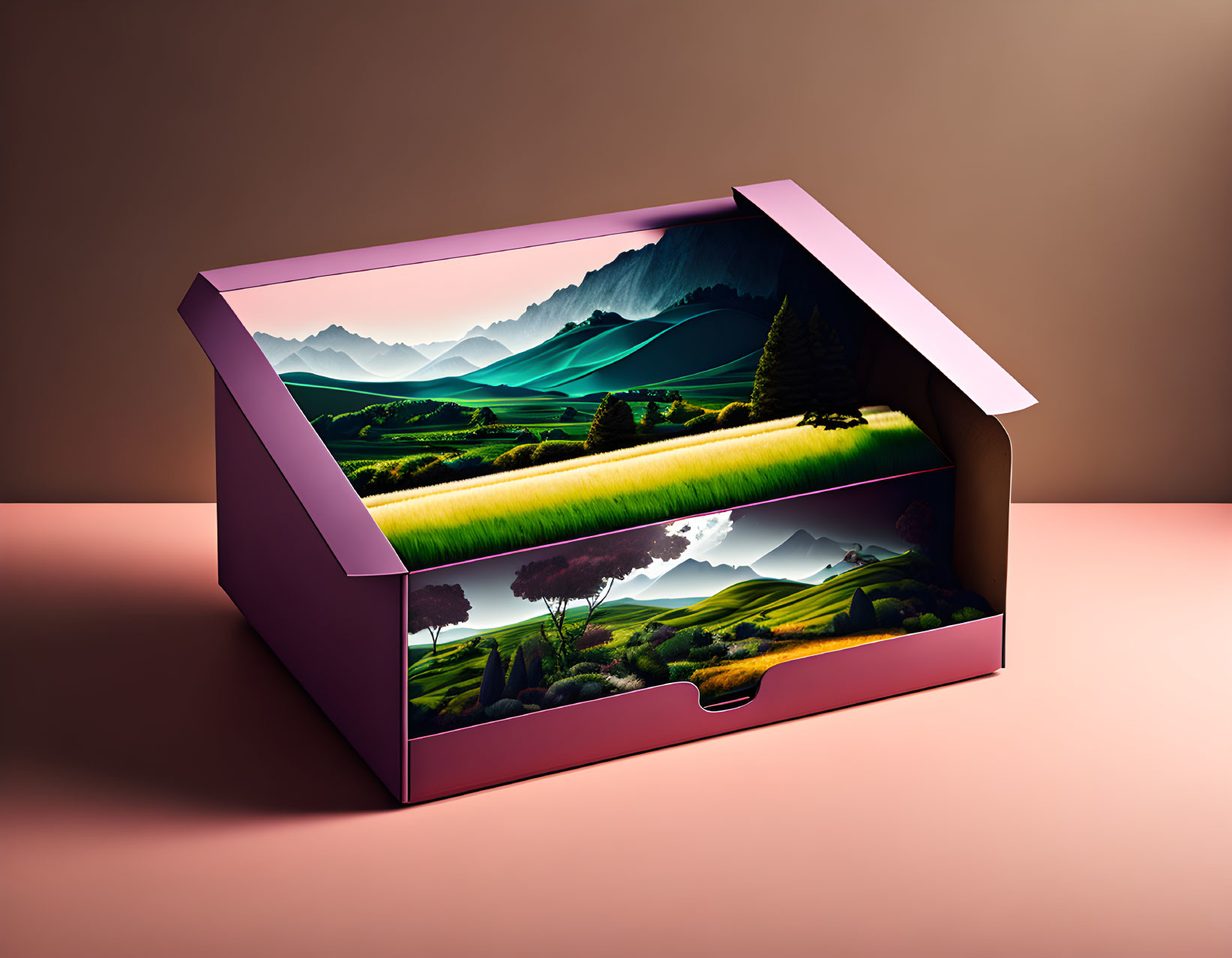 Colorful landscape painting on pink cardboard box against brown backdrop