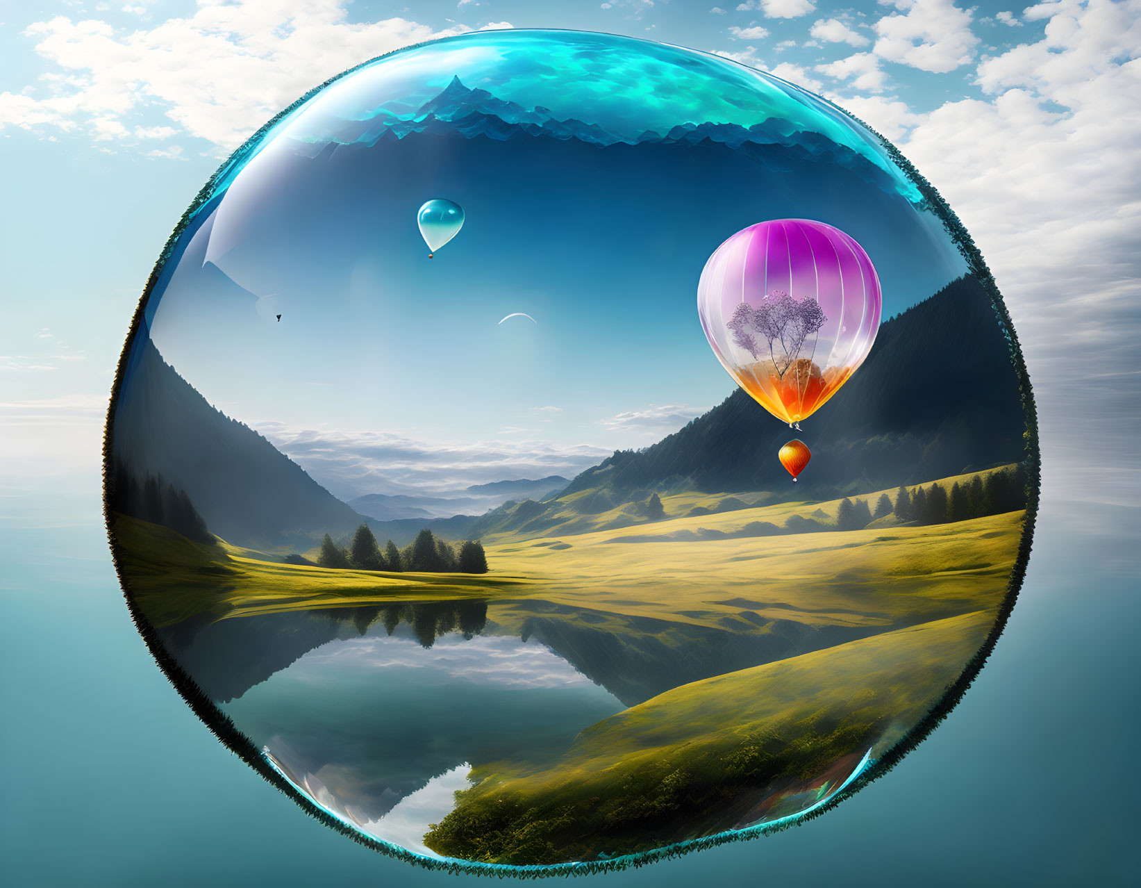 Surreal landscape with crystal sphere reflecting mountains, hot air balloons, lake, and lush greenery