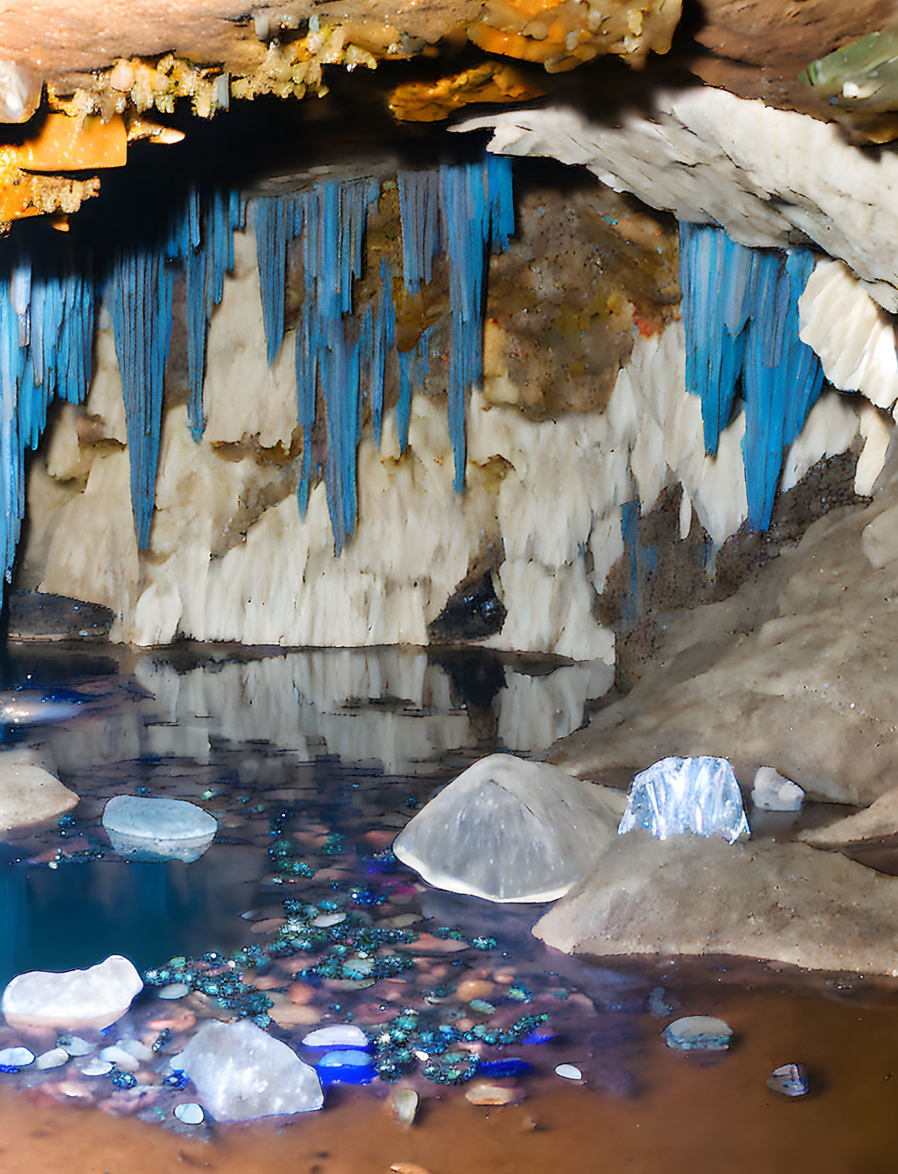 Reflective Cave Pool with Stalactites and Iridescent Stones