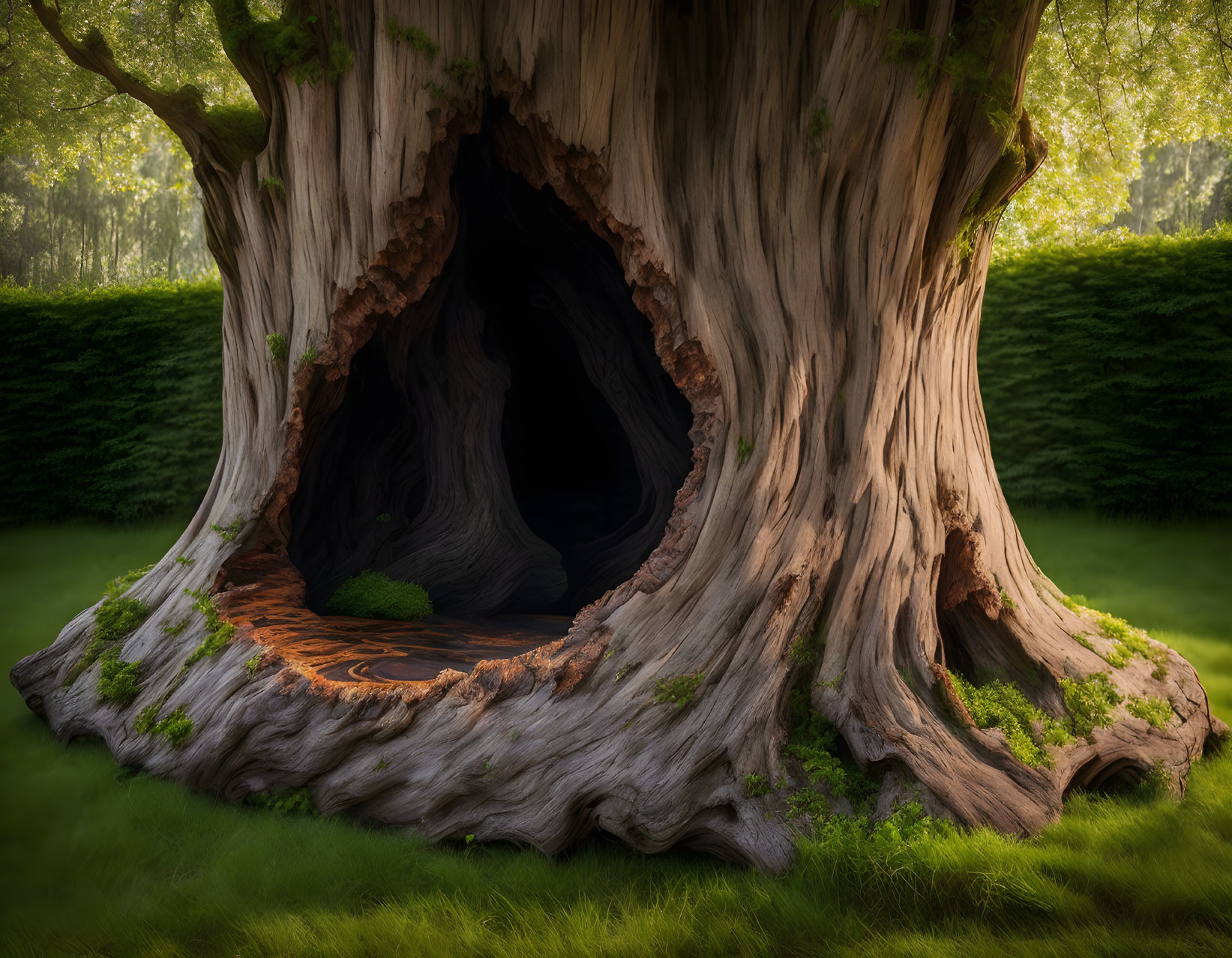 Large hollow tree in sunlit forest with dark cavity