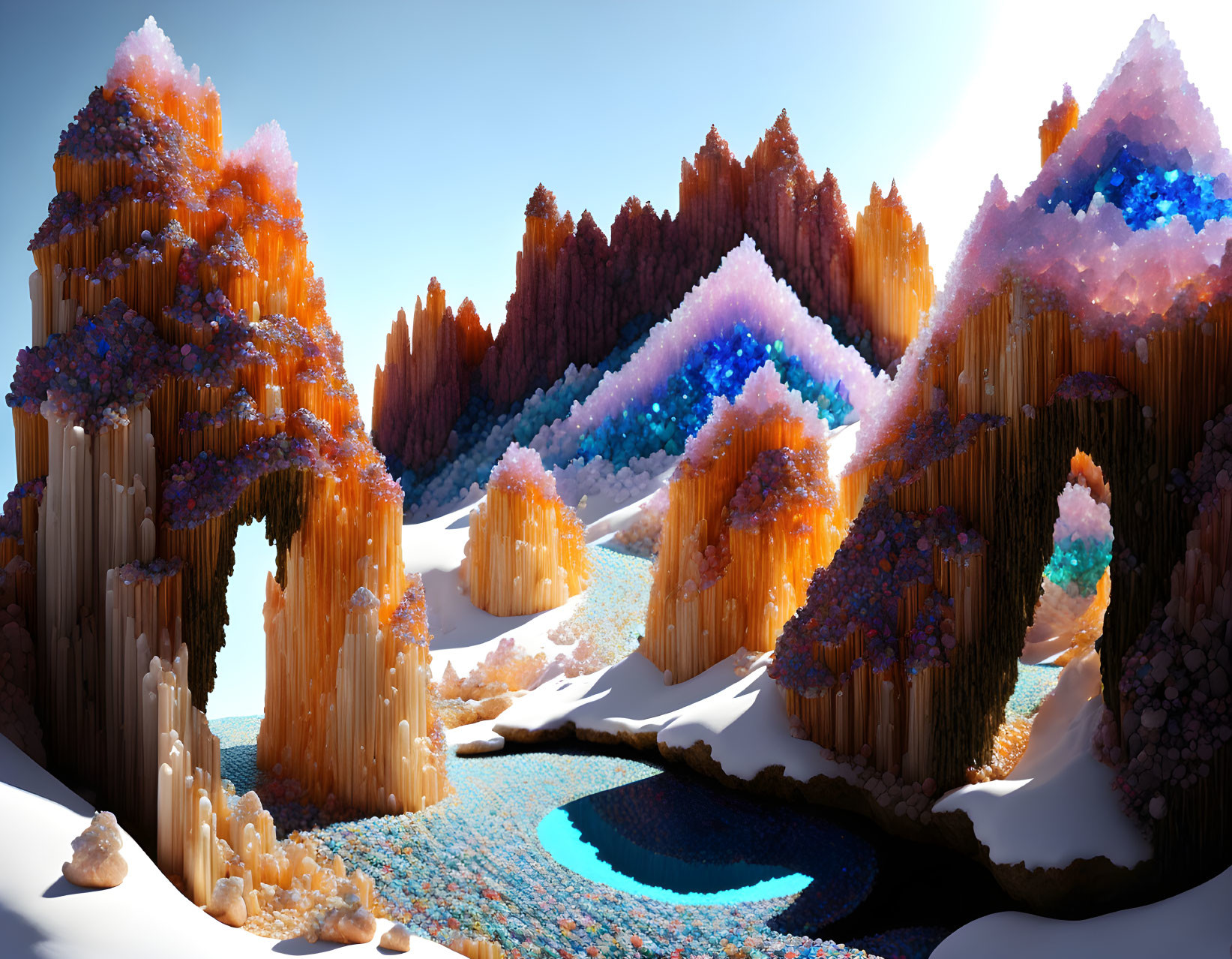 Colorful crystalline formations in fantastical landscape with serene blue pond