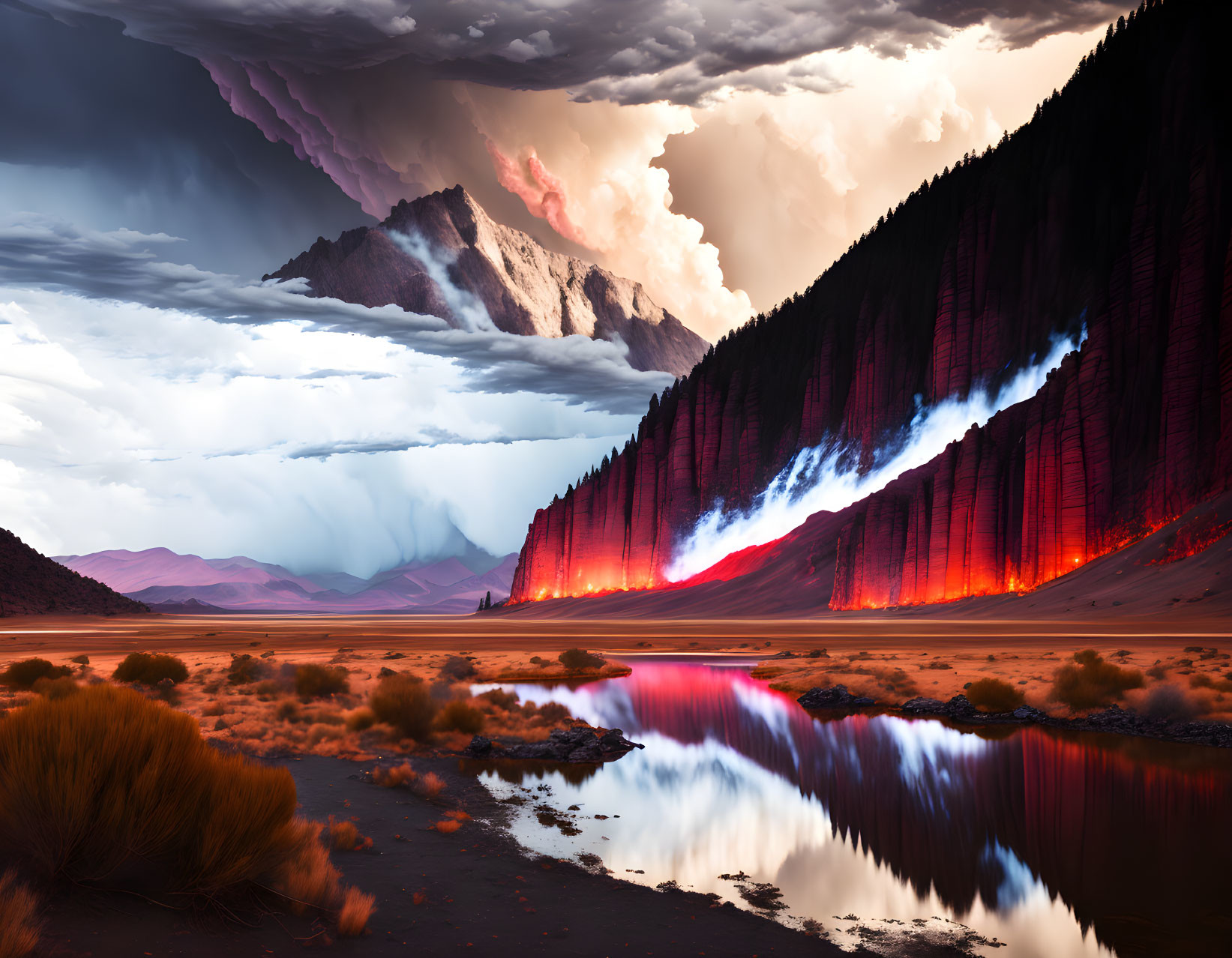 Fiery volcanic eruption in dramatic landscape