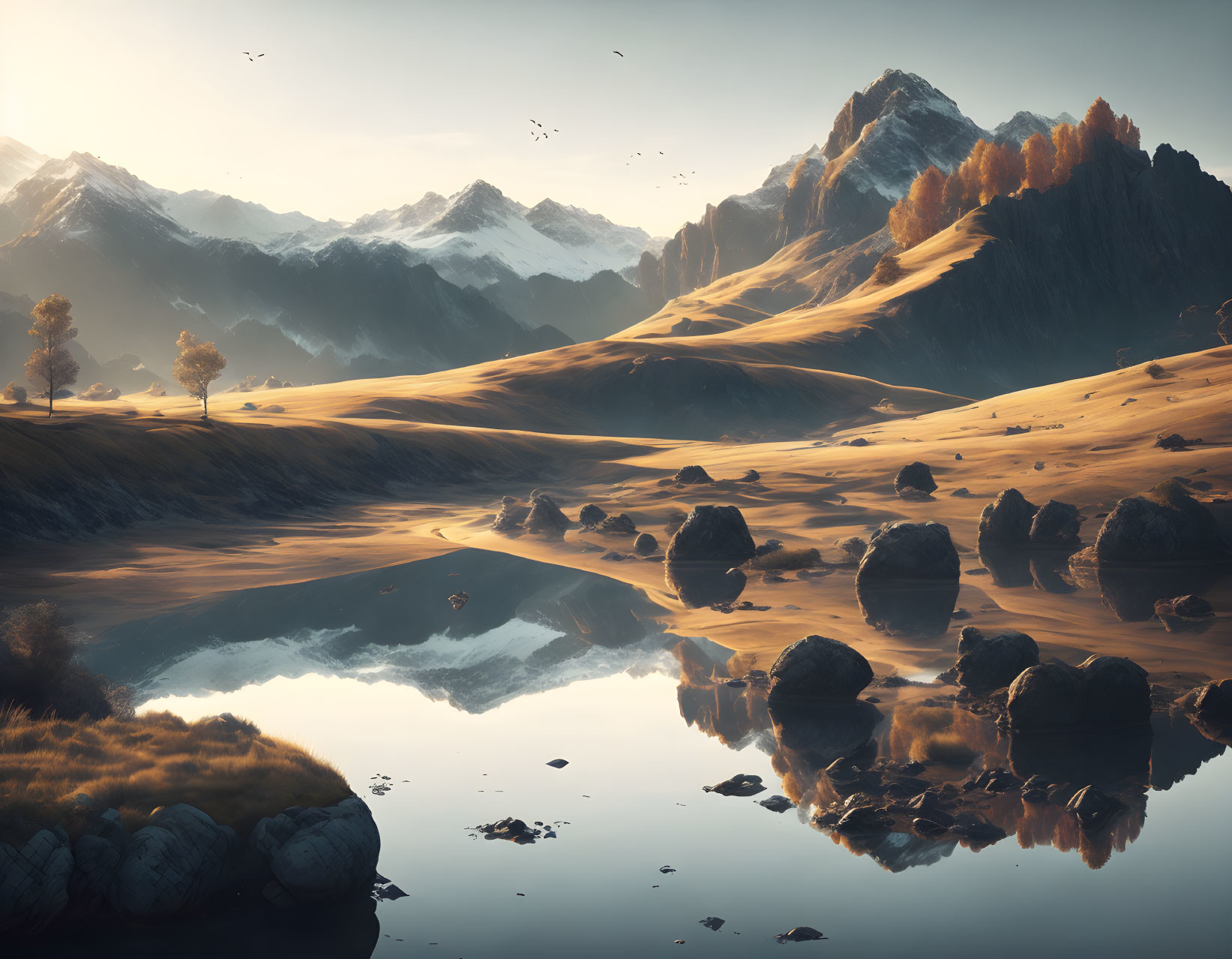 Tranquil landscape with reflective lake, boulders, trees, and mountains in warm sunlight