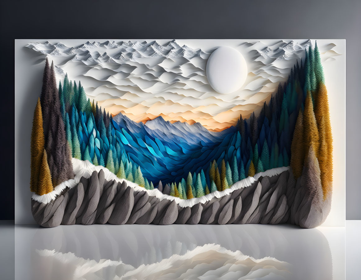 Layered Mountain, Forest, and Cloud Paper Art on Reflective Surface