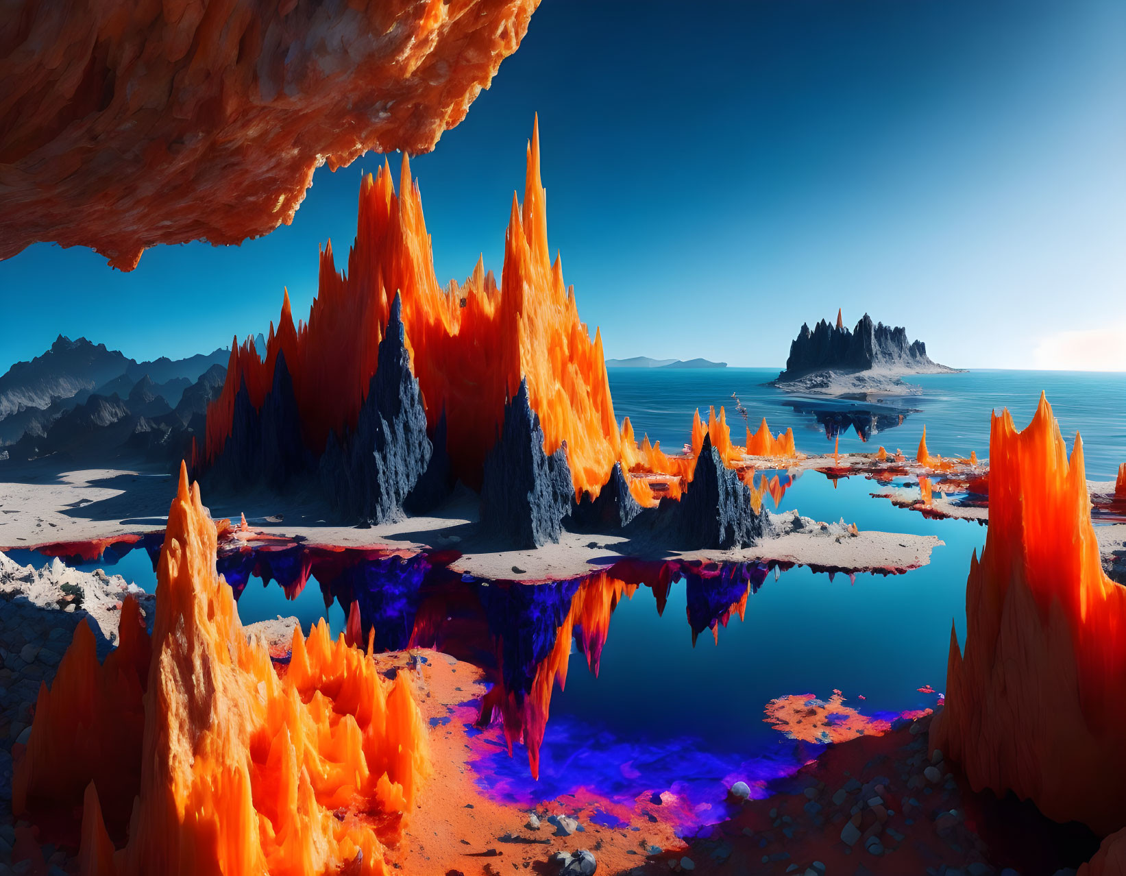 Vivid landscape with fiery orange crystals, blue waters, and distant island