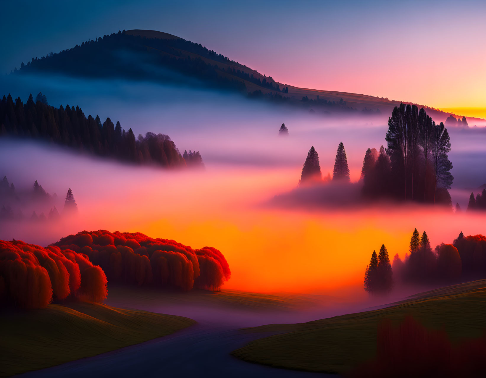 Scenic dawn landscape with misty trees and fiery sky