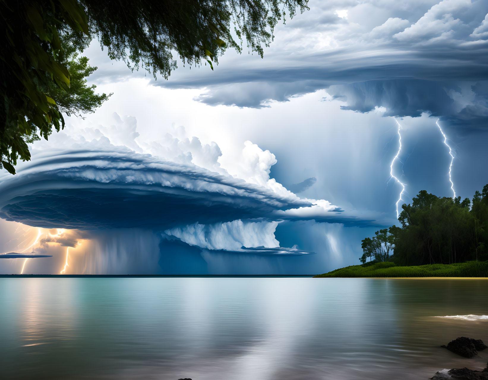 Dramatic storm scene with large cumulonimbus cloud and lightning strikes