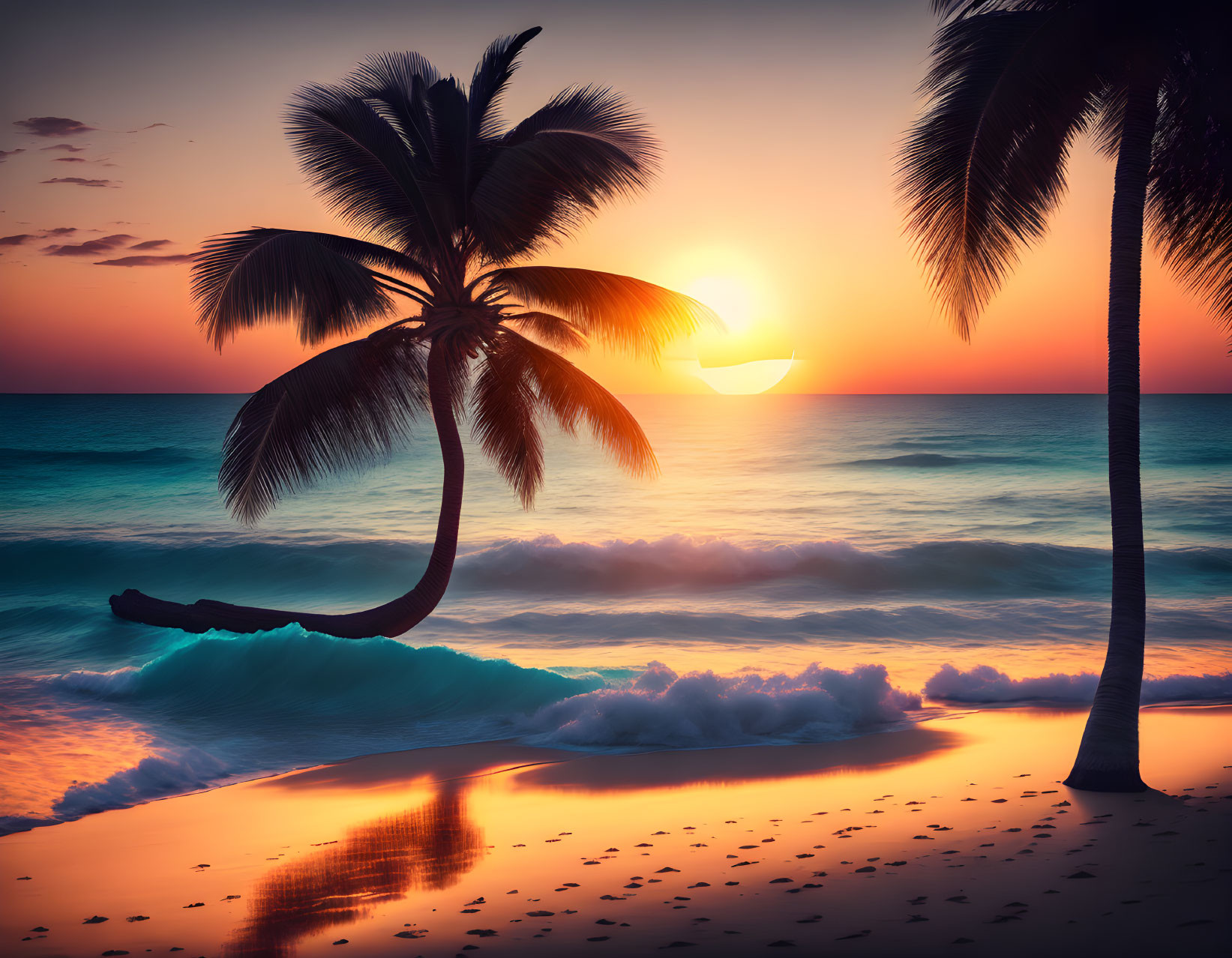 Sunset tropical beach scene with palm tree silhouettes and colorful sky