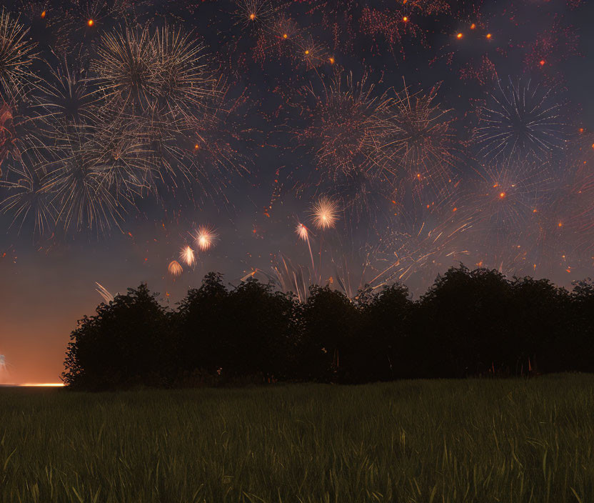 Vibrant fireworks display over nighttime field with silhouetted bushes