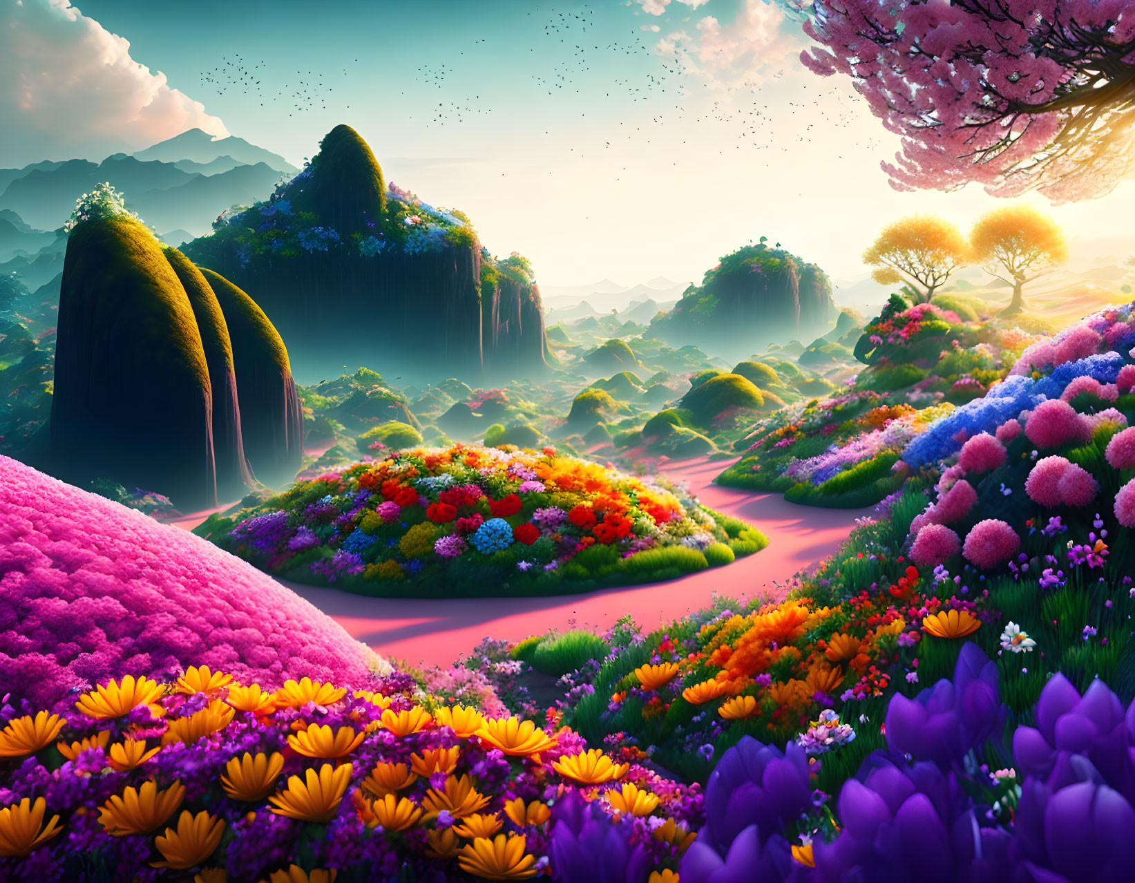 Colorful fantasy landscape: rolling hills, vibrant flowers, flowing rivers, floating islands, blossoming tree