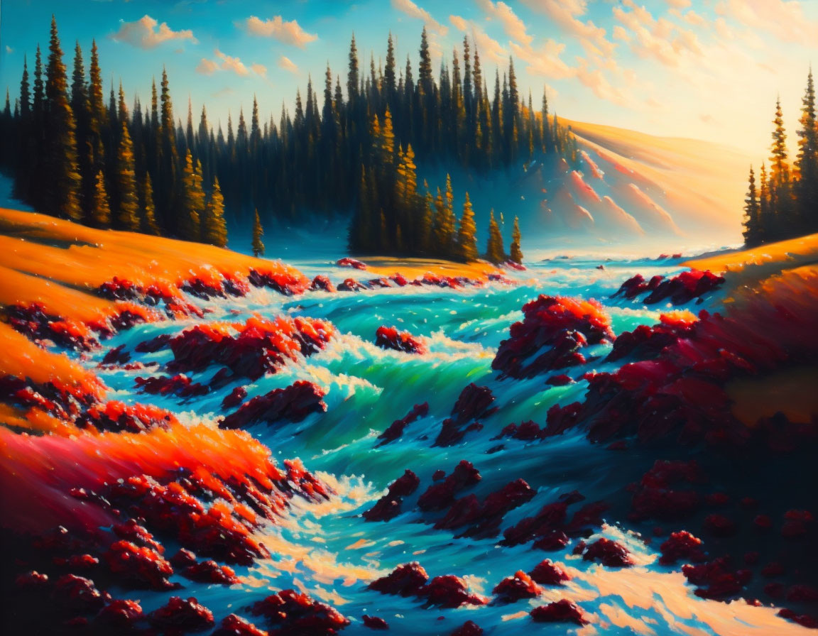 Colorful landscape painting of blue river, golden fields, red foliage, pine trees, and warm h