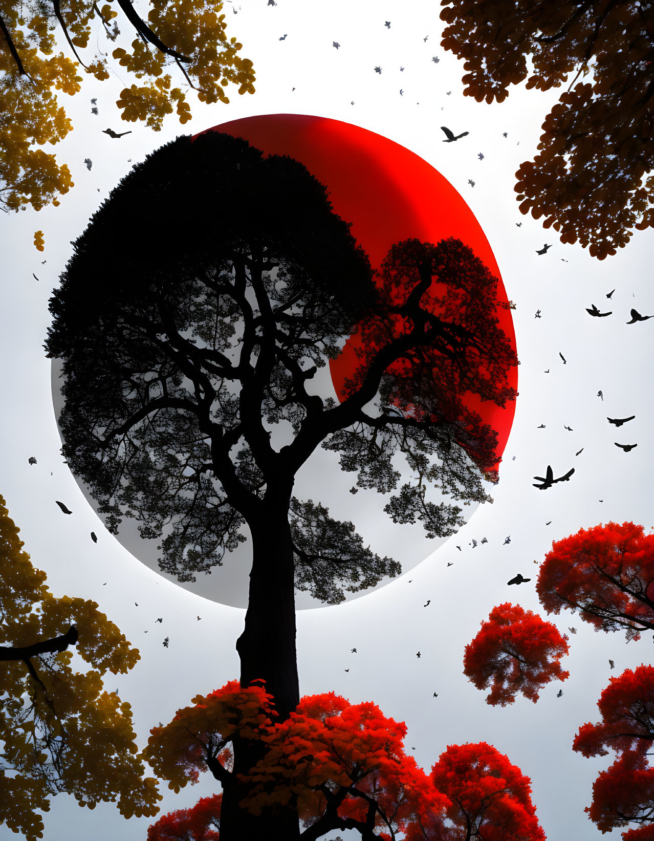 Silhouette of a tree against red and white circular backdrop with birds and autumn leaves.